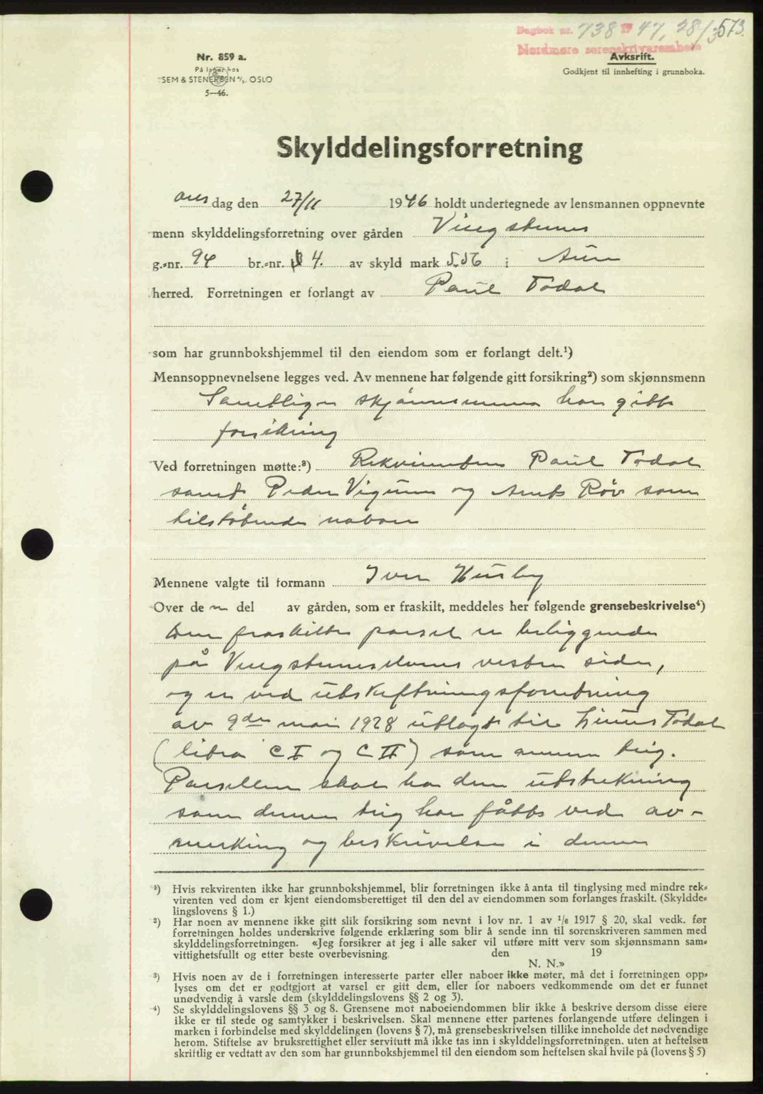 Nordmøre sorenskriveri, AV/SAT-A-4132/1/2/2Ca: Mortgage book no. A104, 1947-1947, Diary no: : 738/1947