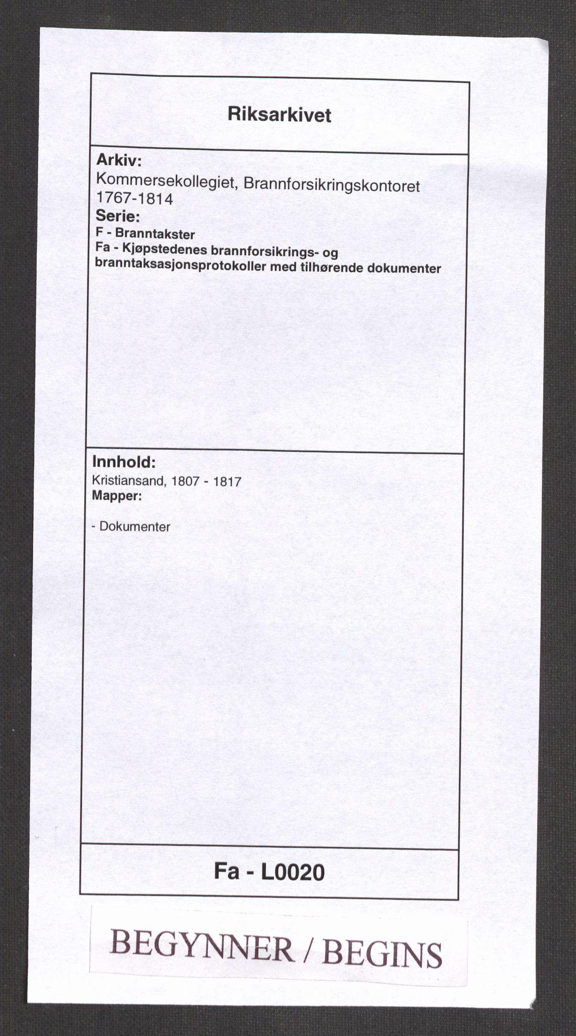 Kommersekollegiet, Brannforsikringskontoret 1767-1814, RA/EA-5458/F/Fa/L0020/0001: Kristiansand / Dokumenter