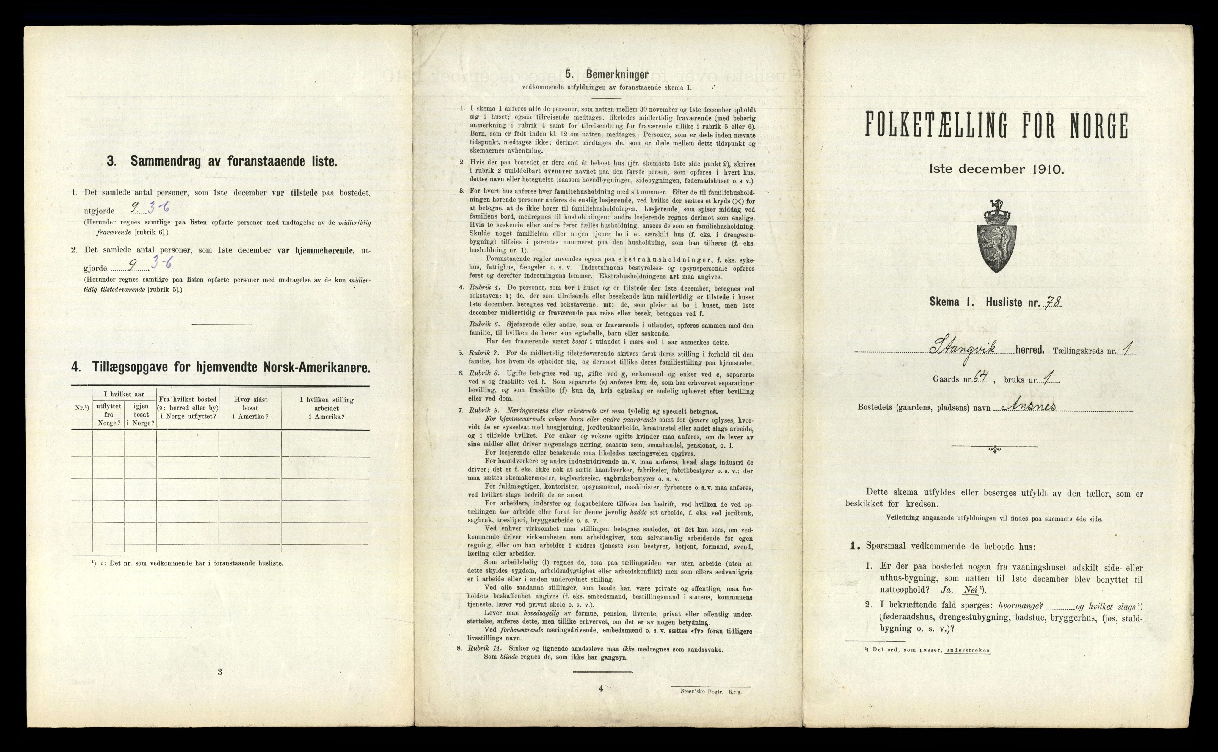 RA, 1910 census for Stangvik, 1910, p. 186