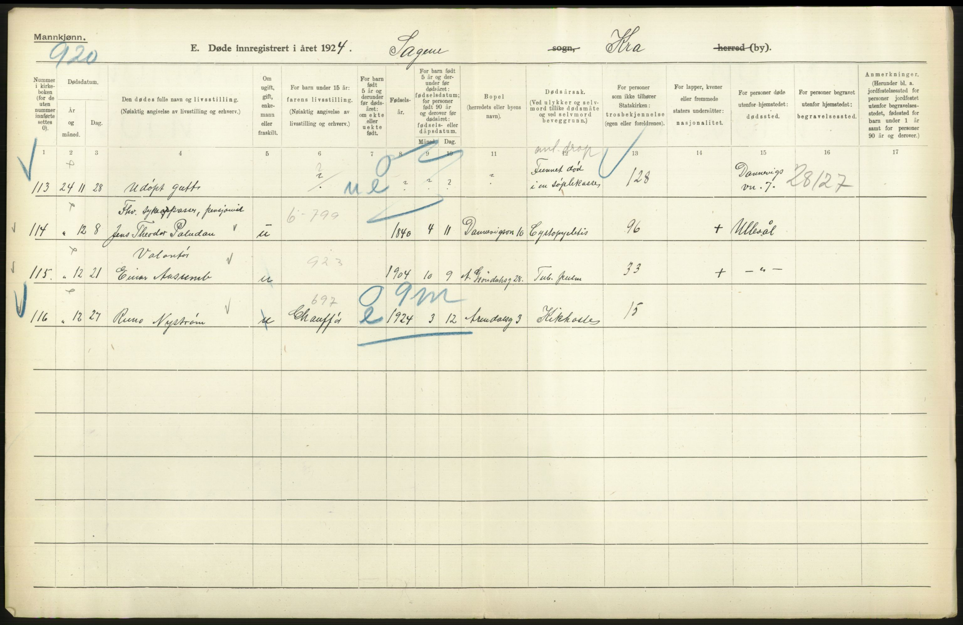 Statistisk sentralbyrå, Sosiodemografiske emner, Befolkning, AV/RA-S-2228/D/Df/Dfc/Dfcd/L0008: Kristiania: Døde menn, 1924, p. 382