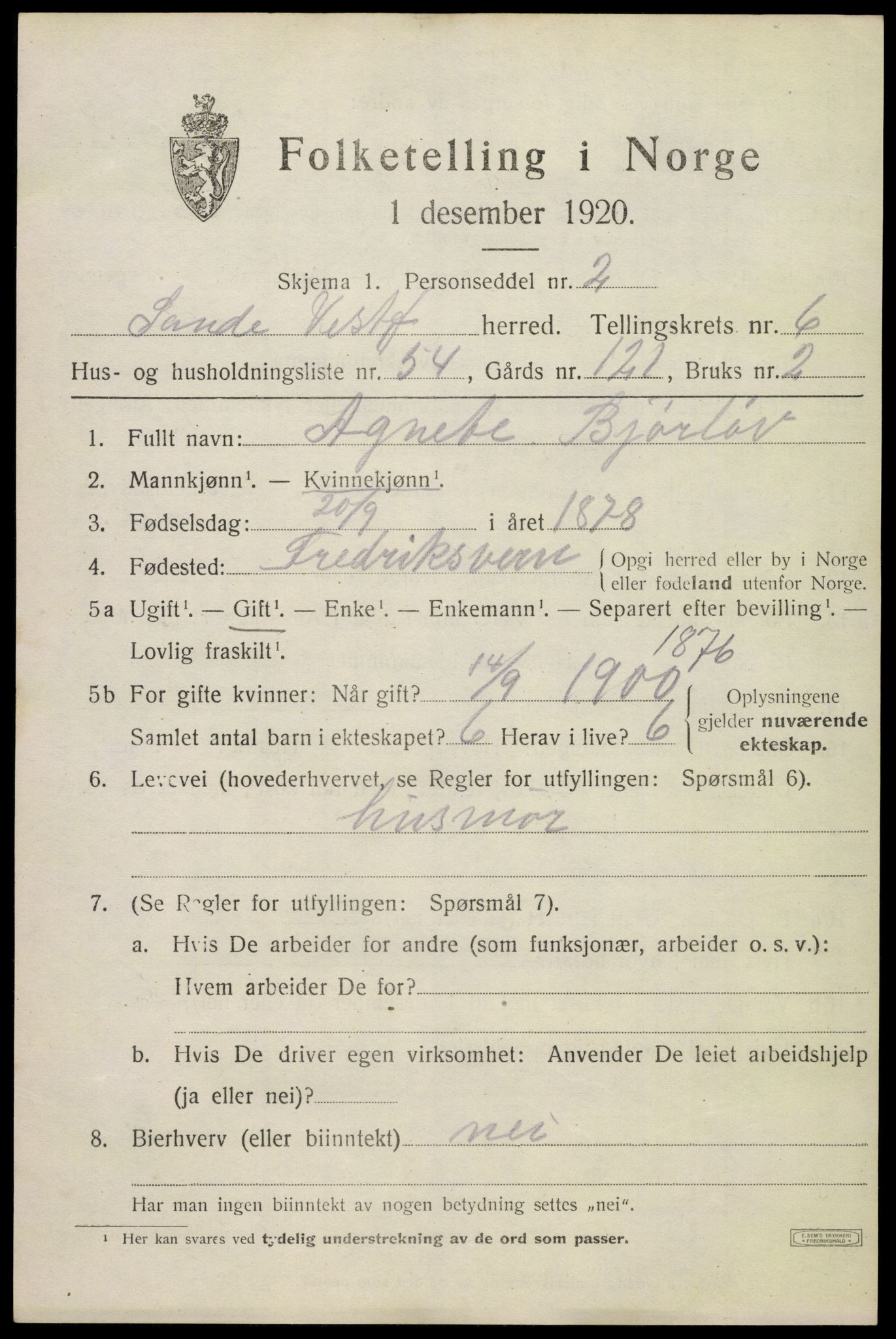SAKO, 1920 census for Sande, 1920, p. 7818