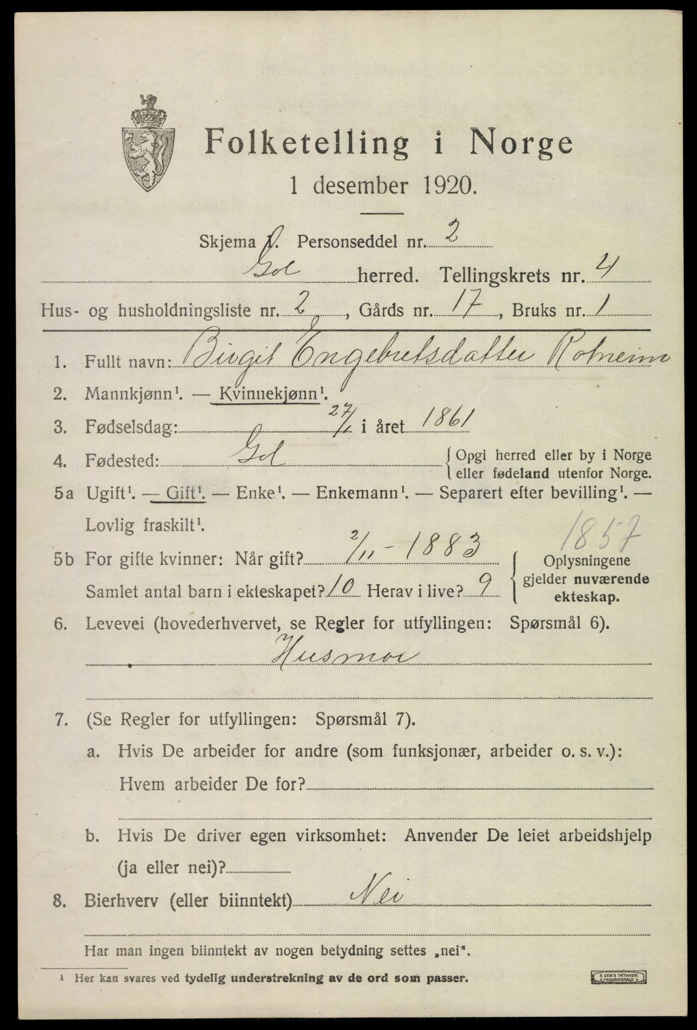 SAKO, 1920 census for Gol, 1920, p. 2744