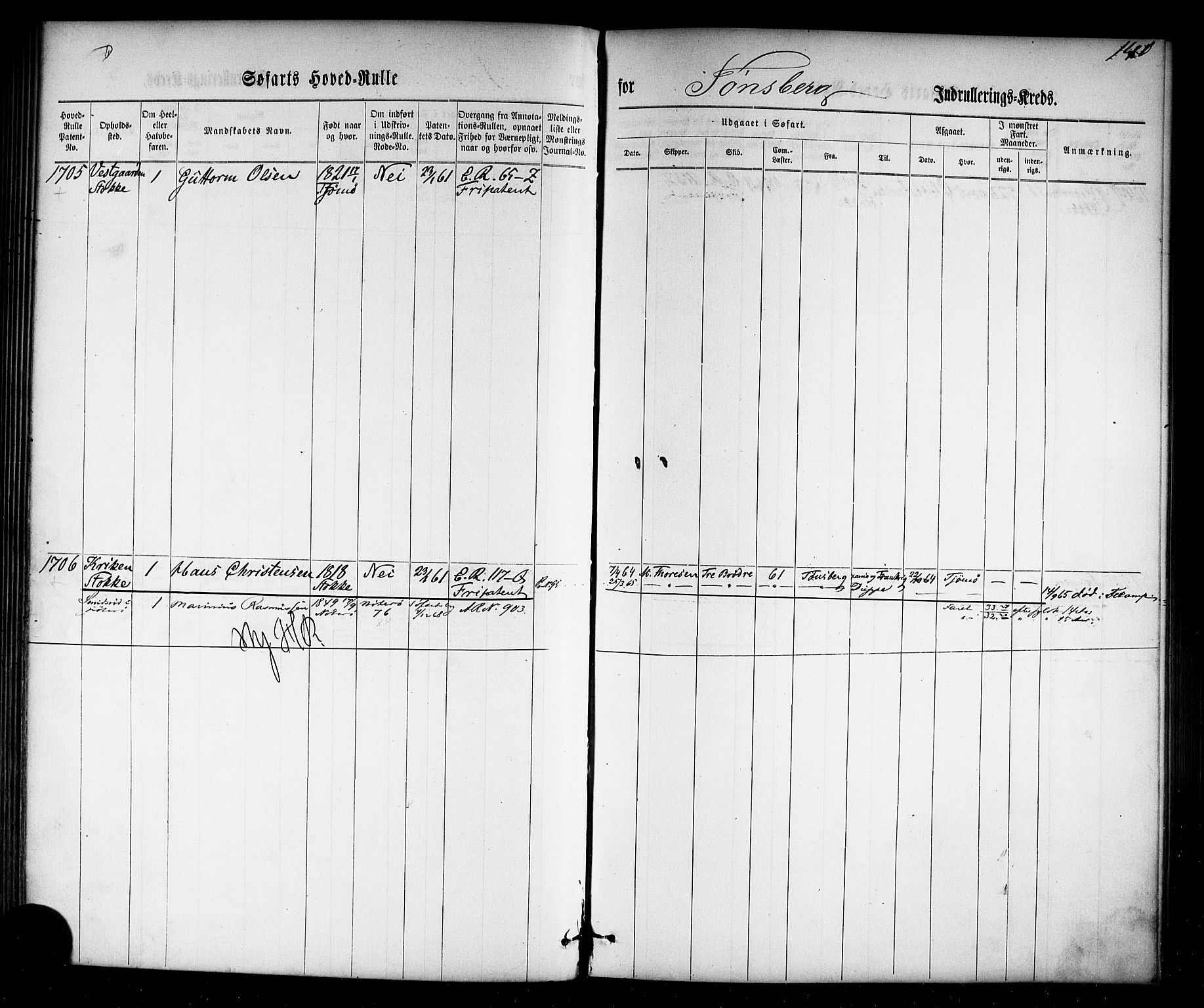 Tønsberg innrulleringskontor, AV/SAKO-A-786/F/Fc/Fca/L0002: Hovedrulle Patent nr. 1429-2133, 1861-1868, p. 179