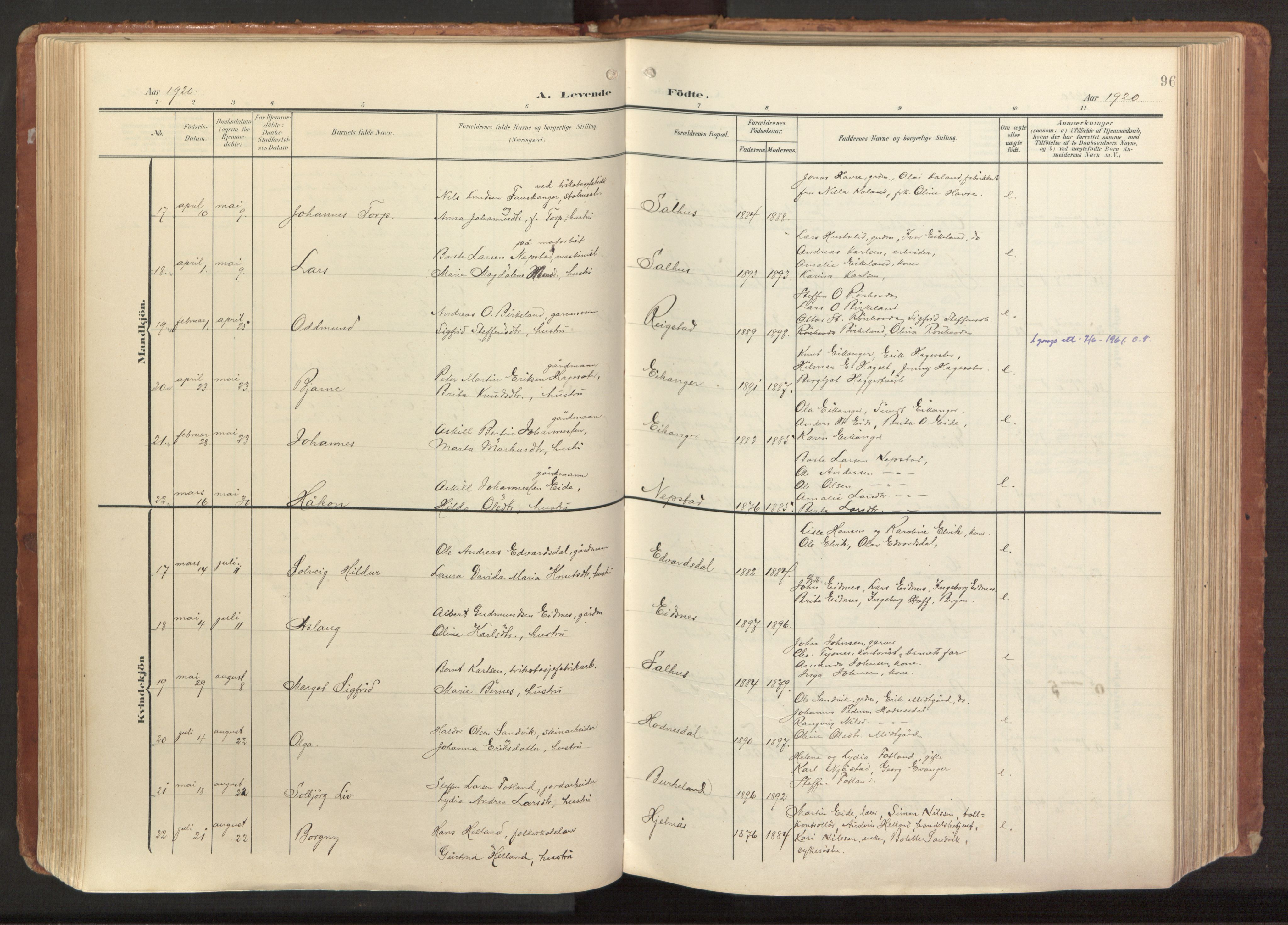 Hamre sokneprestembete, AV/SAB-A-75501/H/Ha/Haa/Haab/L0002: Parish register (official) no. B 2, 1905-1924, p. 96