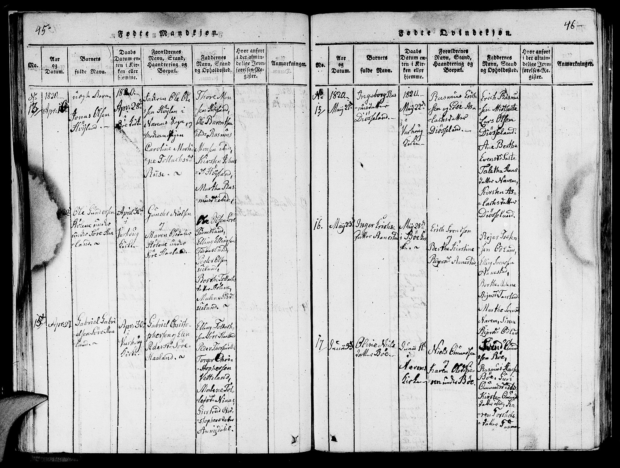 Hå sokneprestkontor, SAST/A-101801/001/30BA/L0003: Parish register (official) no. A 3, 1815-1825, p. 45-46