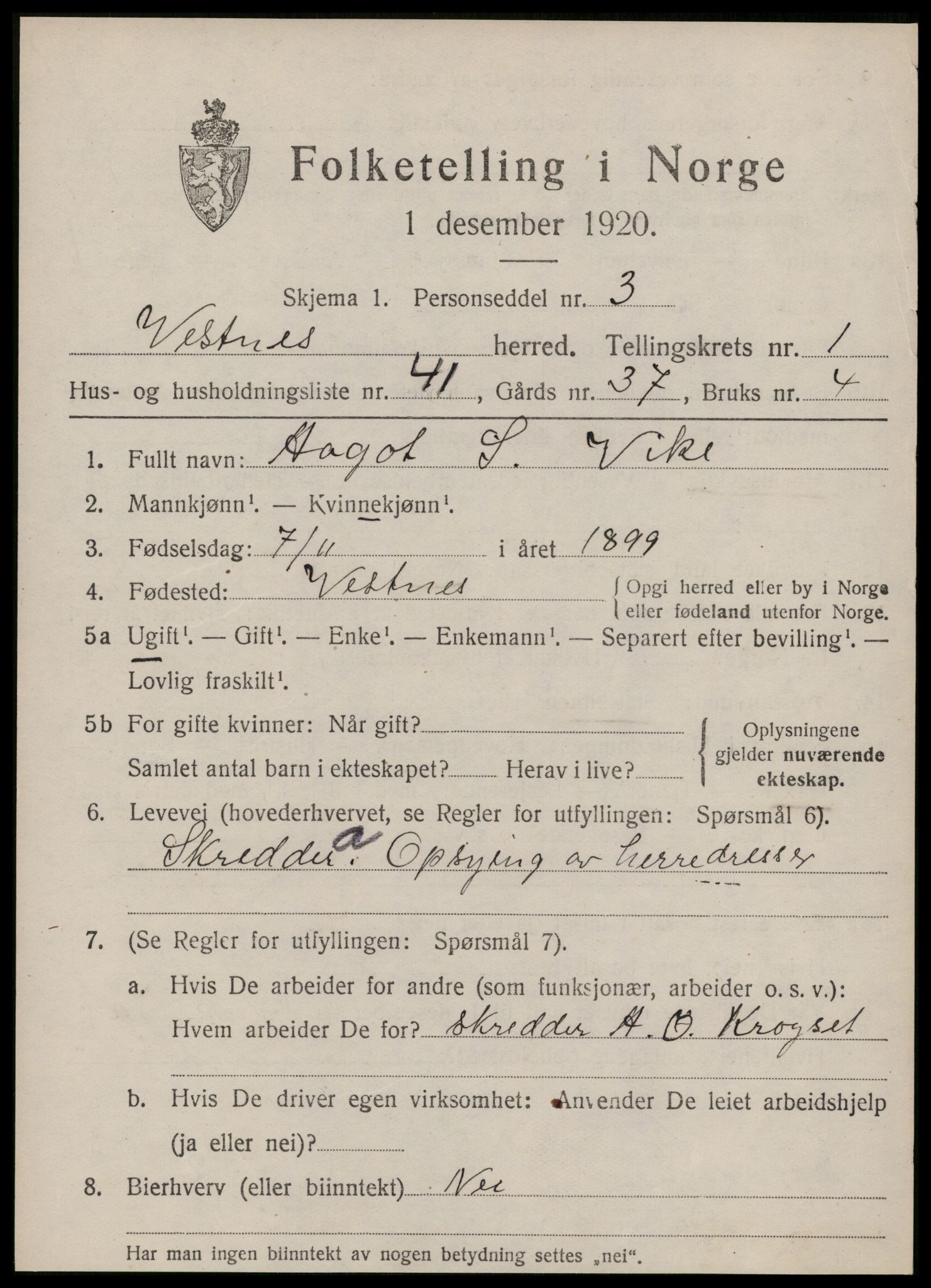 SAT, 1920 census for Vestnes, 1920, p. 1705