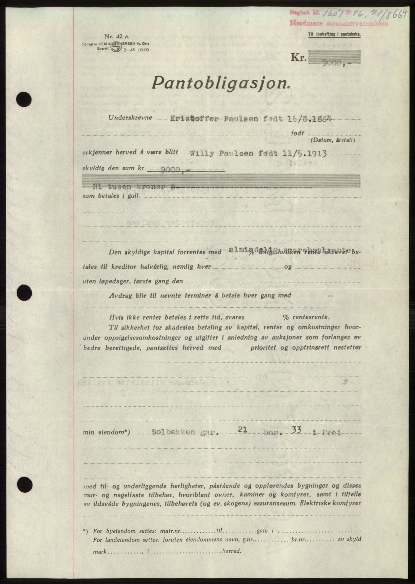 Nordmøre sorenskriveri, AV/SAT-A-4132/1/2/2Ca: Mortgage book no. B94, 1946-1946, Diary no: : 1607/1946