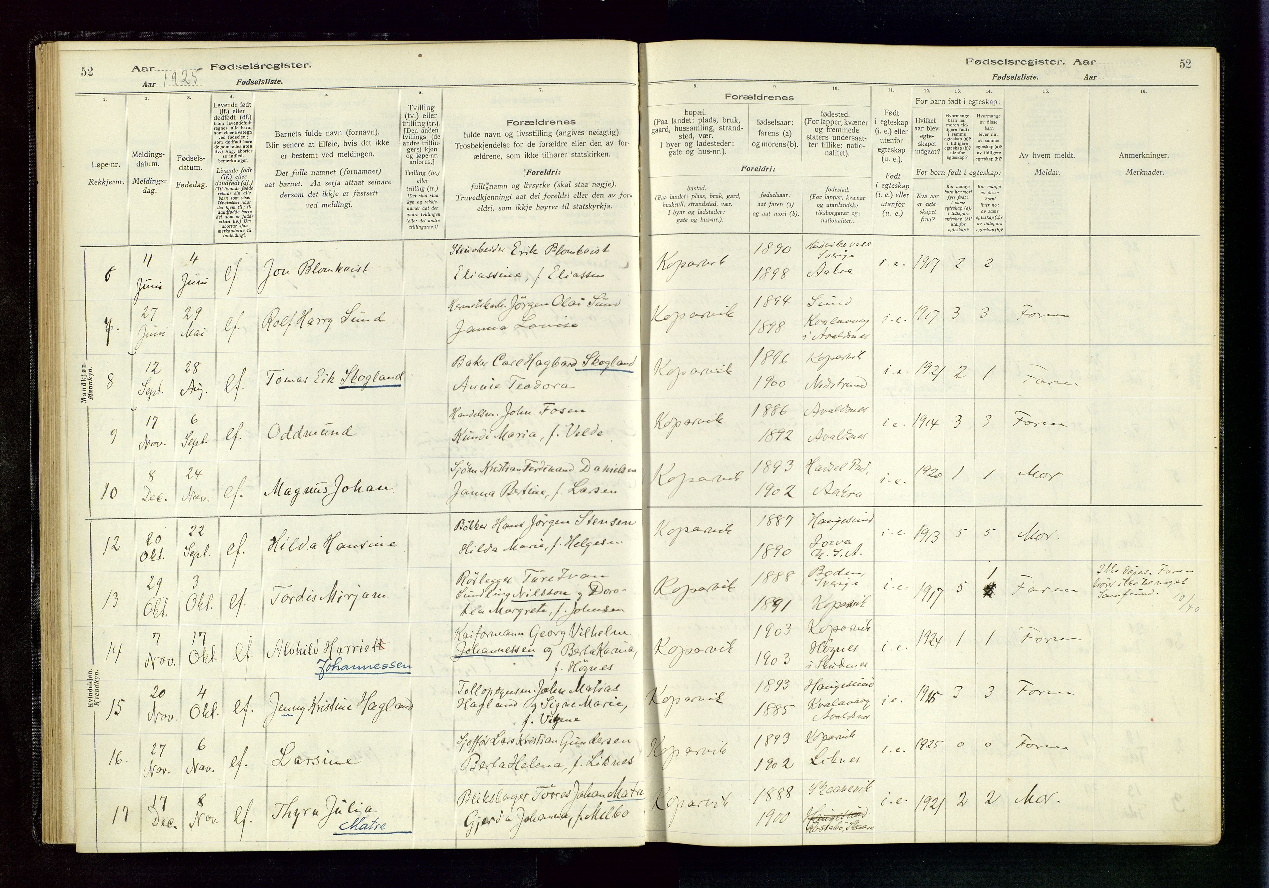 Kopervik sokneprestkontor, AV/SAST-A-101850/I/Id/L0001: Birth register no. 1, 1916-1952, p. 52