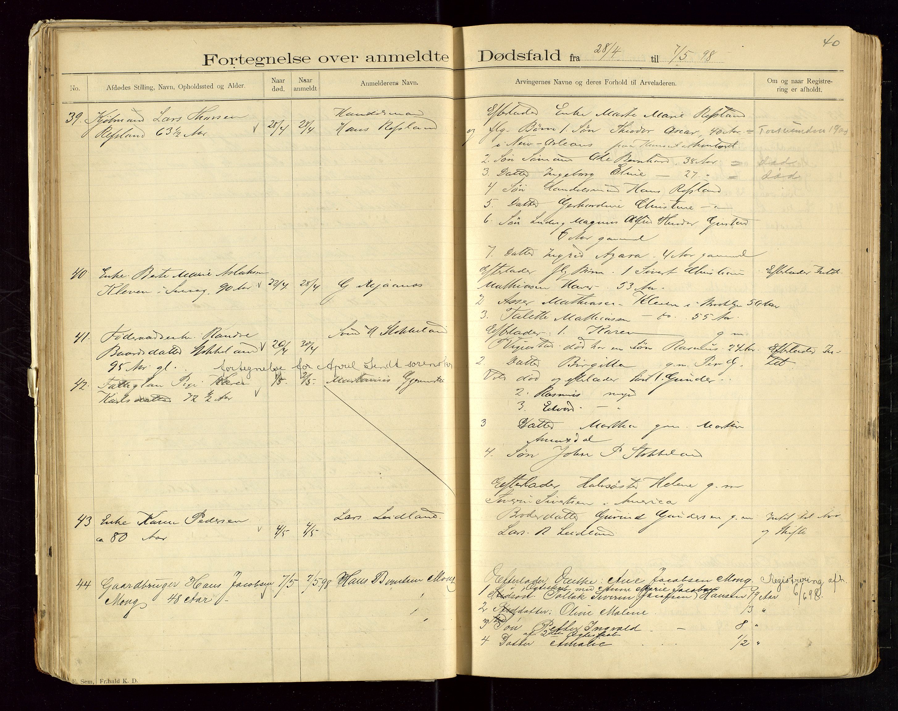 Eigersund lensmannskontor, AV/SAST-A-100171/Gga/L0004: "Dødsfalds-Protokol" m/alfabetisk navneregister, 1895-1905, p. 40