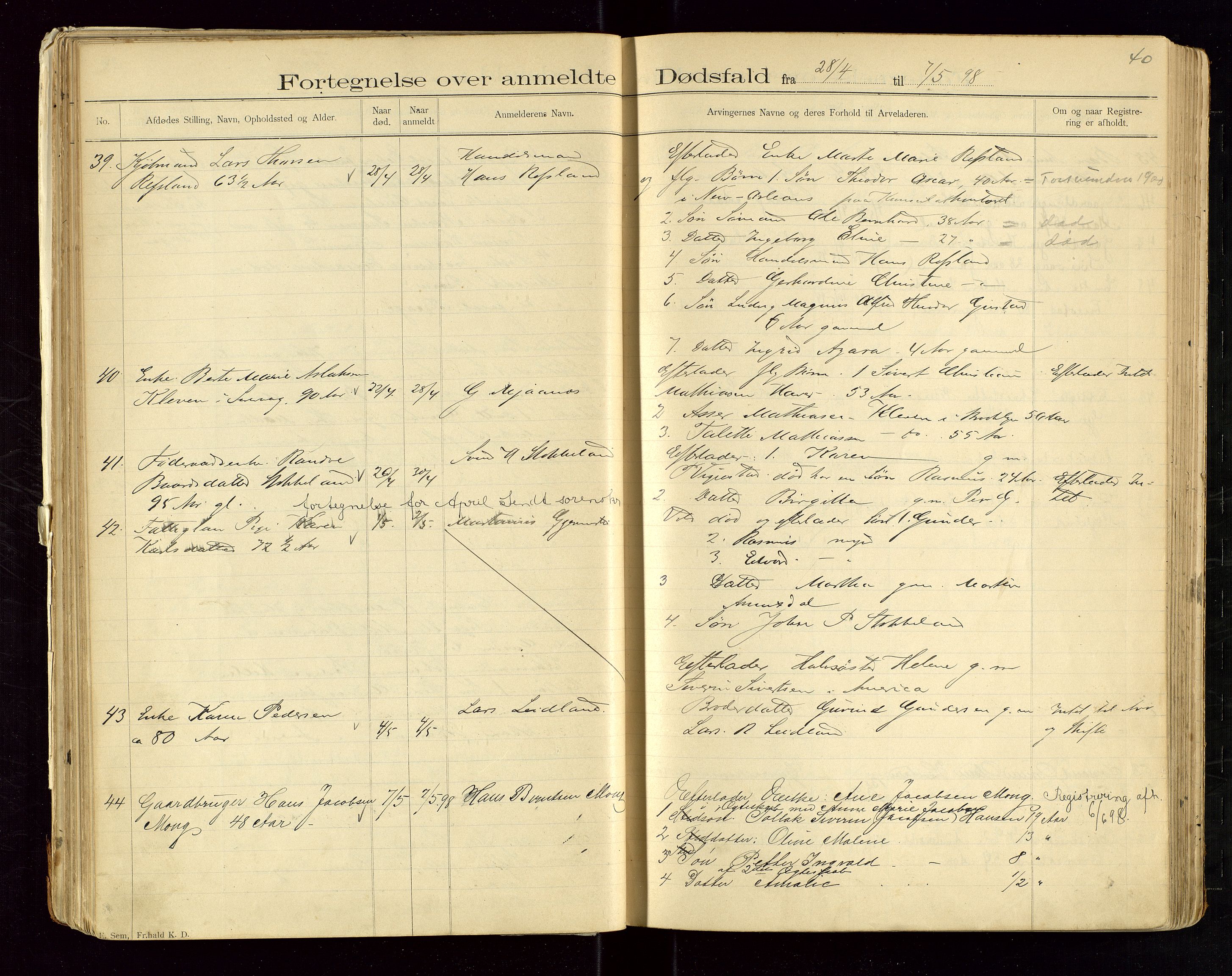 Eigersund lensmannskontor, AV/SAST-A-100171/Gga/L0004: "Dødsfalds-Protokol" m/alfabetisk navneregister, 1895-1905, p. 40