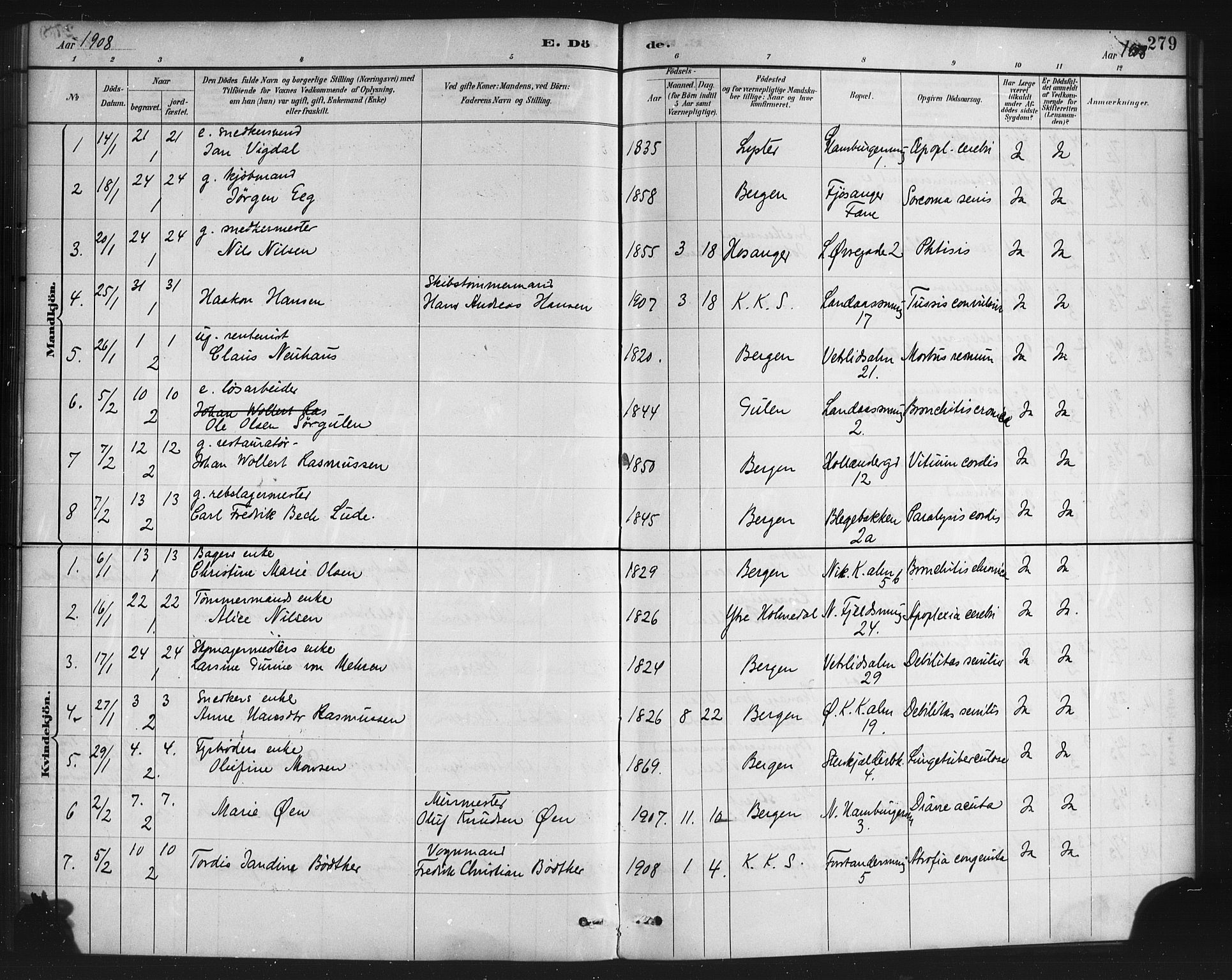 Korskirken sokneprestembete, SAB/A-76101/H/Haa/L0047: Parish register (official) no. E 5, 1884-1910, p. 279