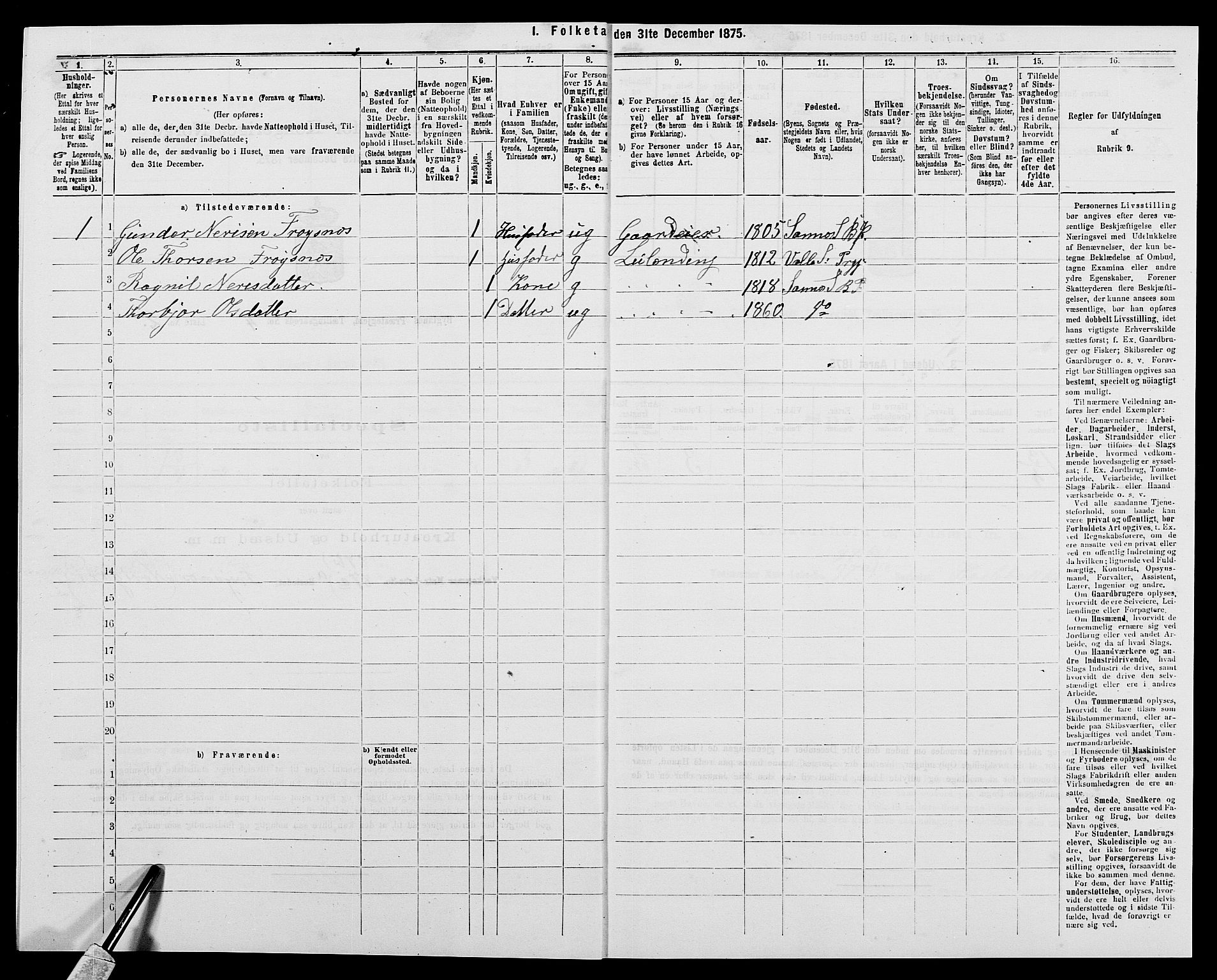 SAK, 1875 census for 0938P Bygland, 1875, p. 322