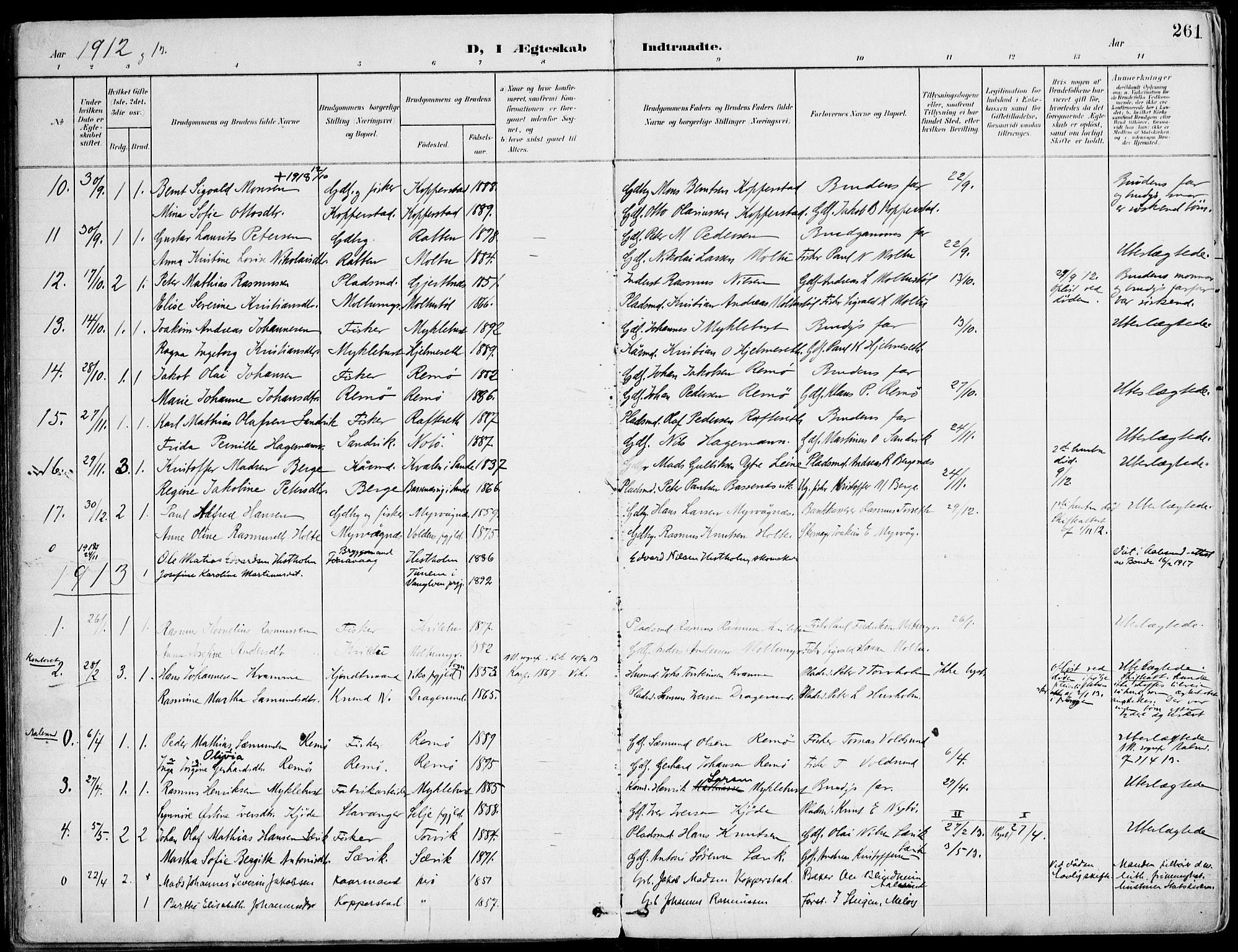 Ministerialprotokoller, klokkerbøker og fødselsregistre - Møre og Romsdal, SAT/A-1454/507/L0075: Parish register (official) no. 507A10, 1901-1920, p. 261