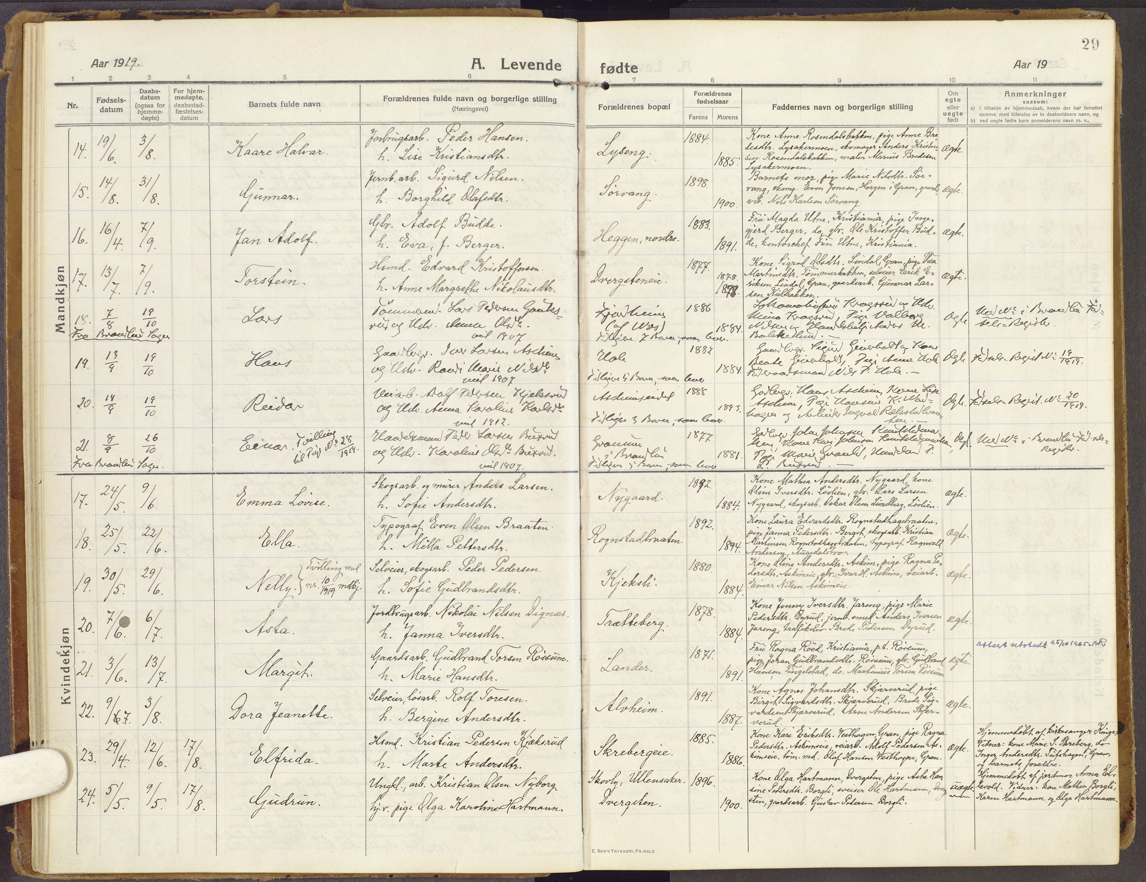 Brandbu prestekontor, SAH/PREST-114/H/Ha/Haa/L0003: Parish register (official) no. 3, 1914-1928, p. 29