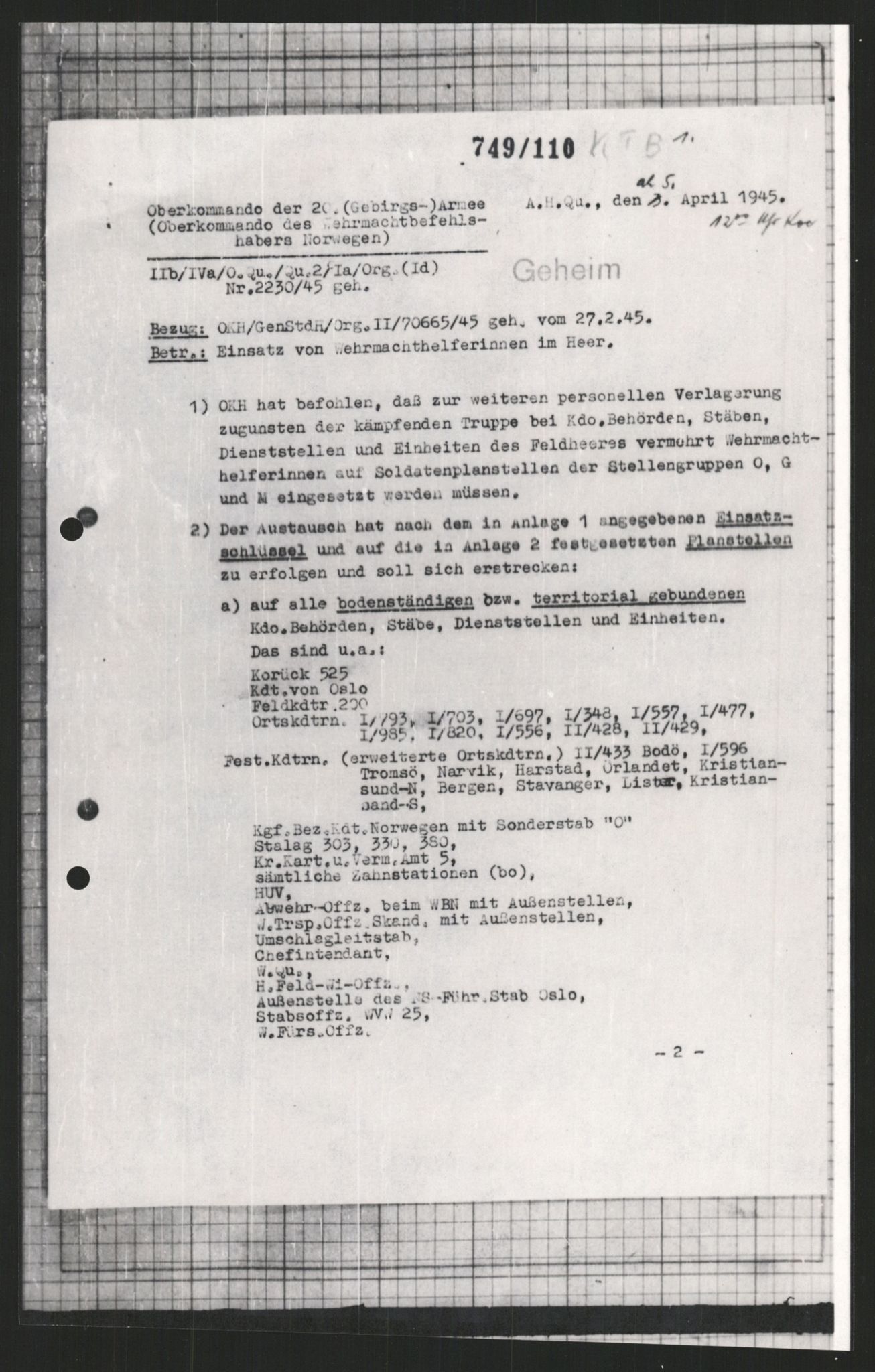 Forsvarets Overkommando. 2 kontor. Arkiv 11.4. Spredte tyske arkivsaker, AV/RA-RAFA-7031/D/Dar/Dara/L0009: Krigsdagbøker for 20. Gebirgs-Armee-Oberkommando (AOK 20), 1940-1945, p. 80