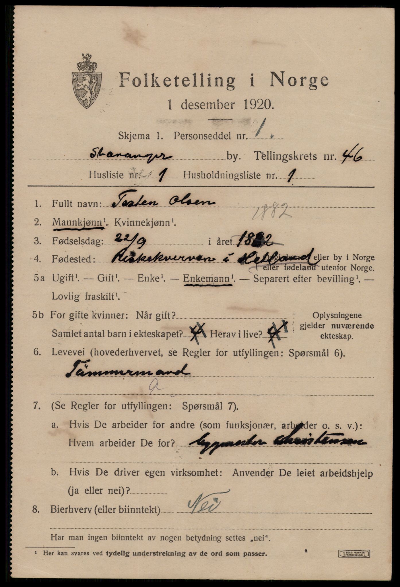 SAST, 1920 census for Stavanger, 1920, p. 112296