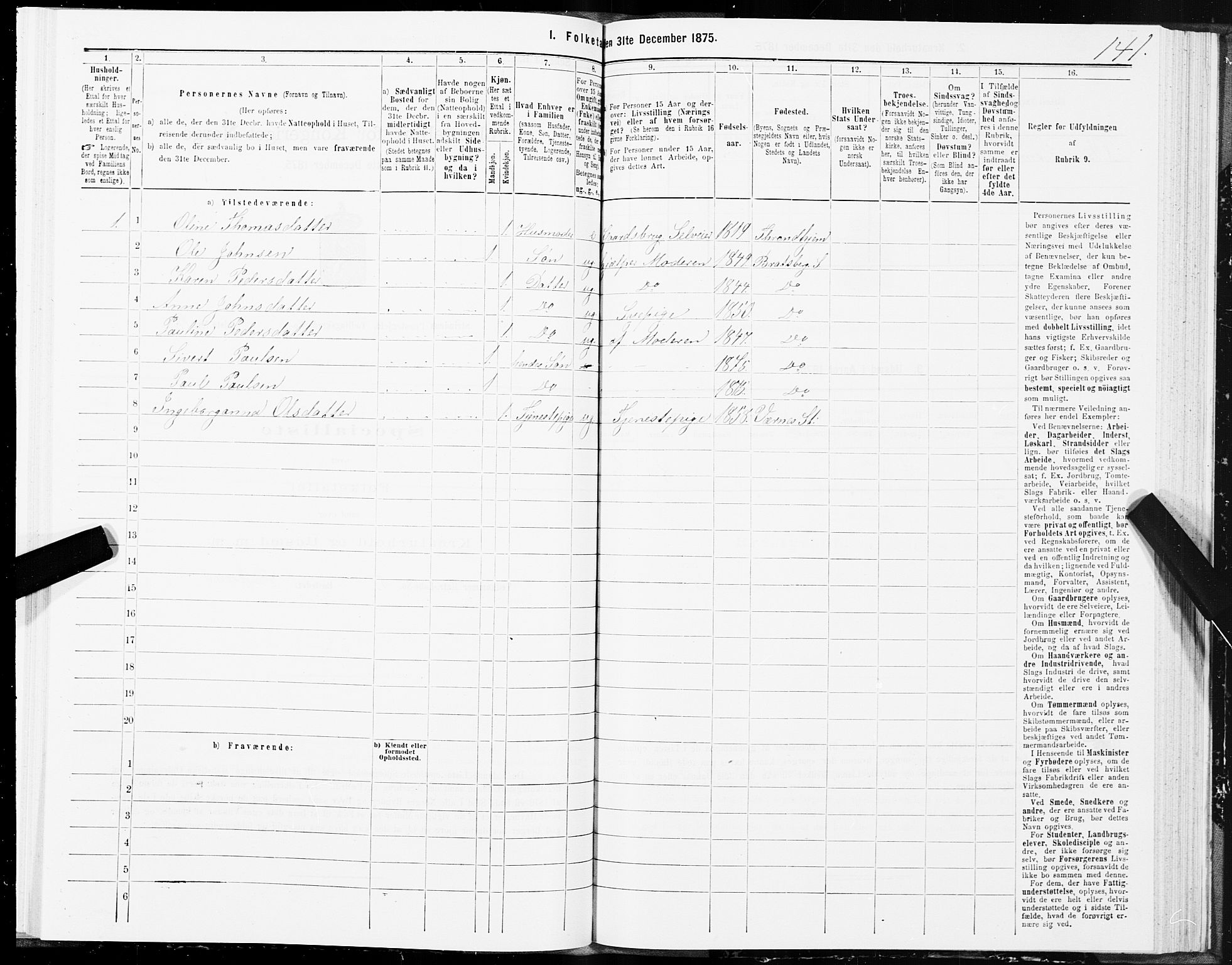 SAT, 1875 census for 1660P Strinda, 1875, p. 8141