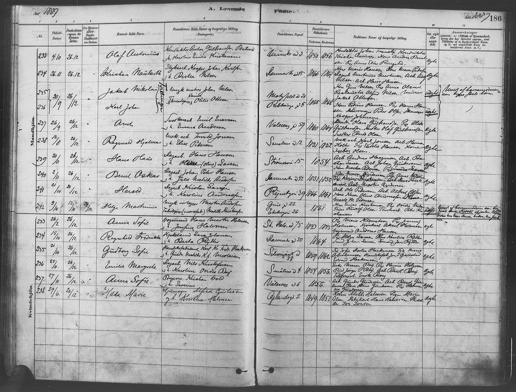 Gamlebyen prestekontor Kirkebøker, SAO/A-10884/F/Fa/L0005: Parish register (official) no. 5, 1878-1889, p. 186