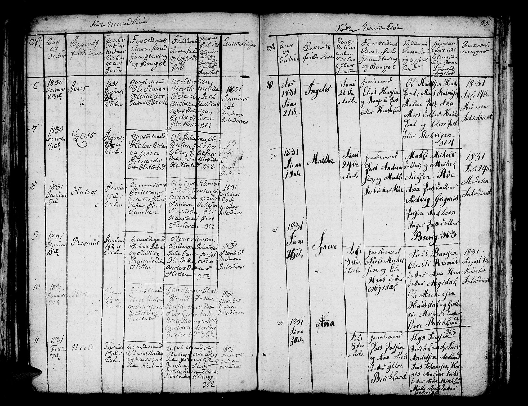 Fana Sokneprestembete, AV/SAB-A-75101/H/Hab/Habc/L0001: Parish register (copy) no. C 1, 1824-1837, p. 55