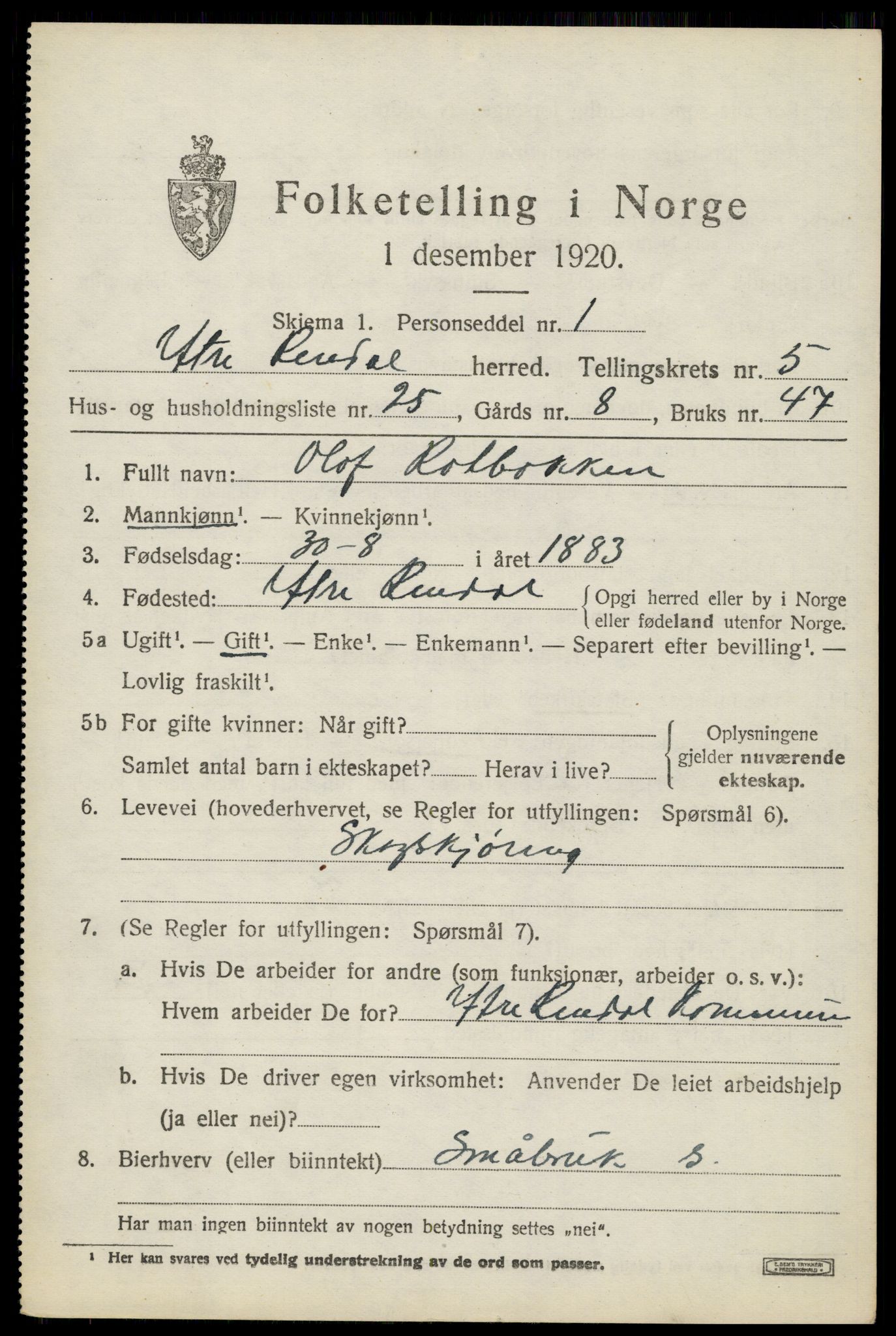 SAH, 1920 census for Ytre Rendal, 1920, p. 2921
