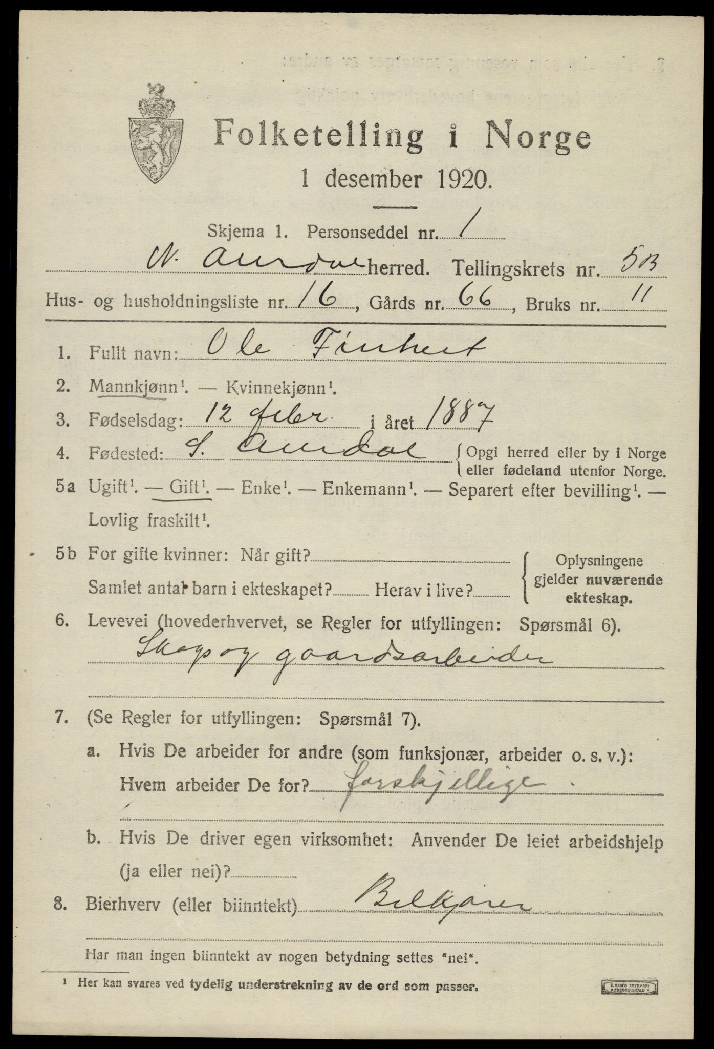 SAH, 1920 census for Nord-Aurdal, 1920, p. 5328