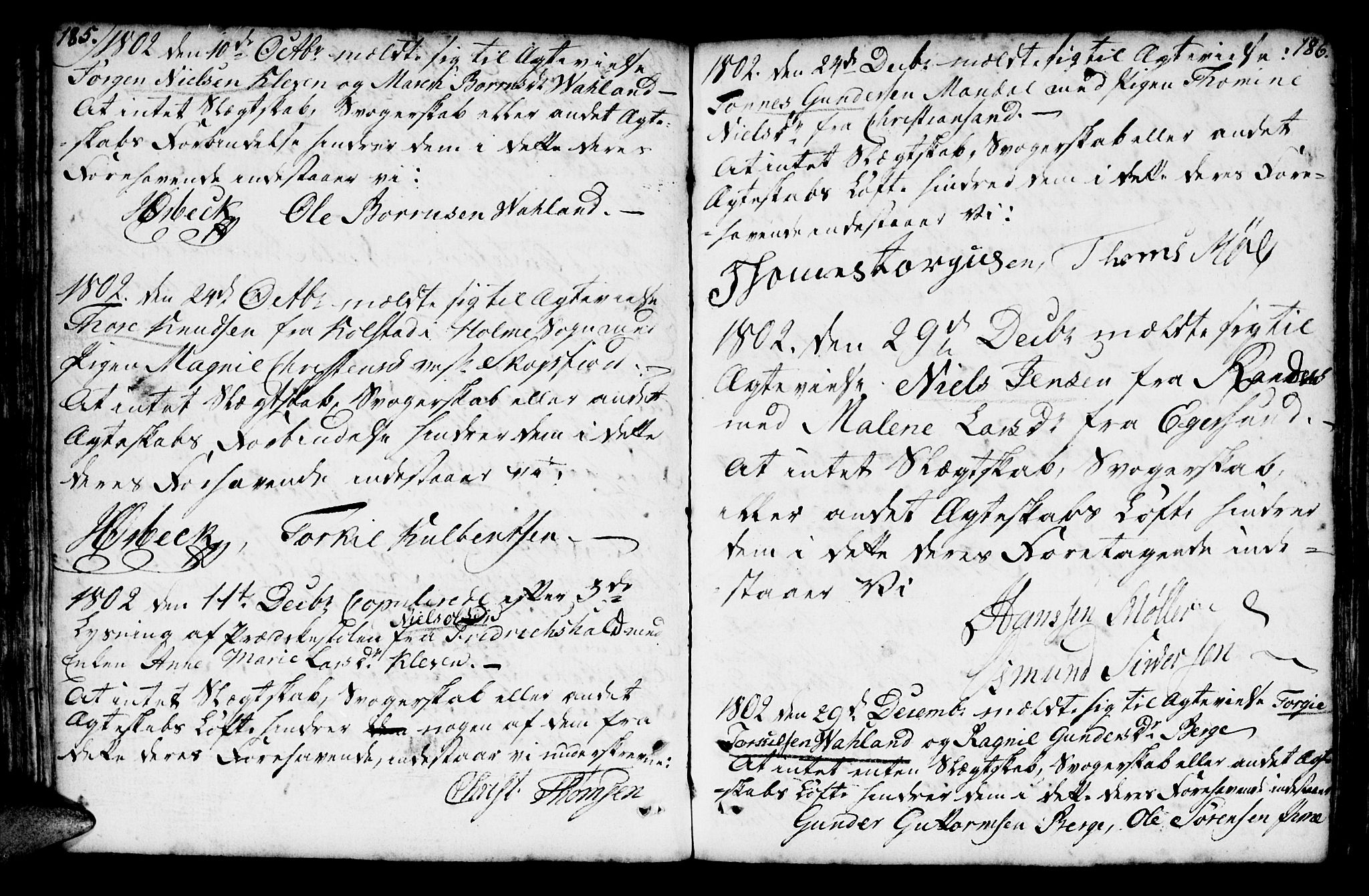 Mandal sokneprestkontor, AV/SAK-1111-0030/F/Fa/Faa/L0007: Parish register (official) no. A 7, 1783-1818, p. 185-186