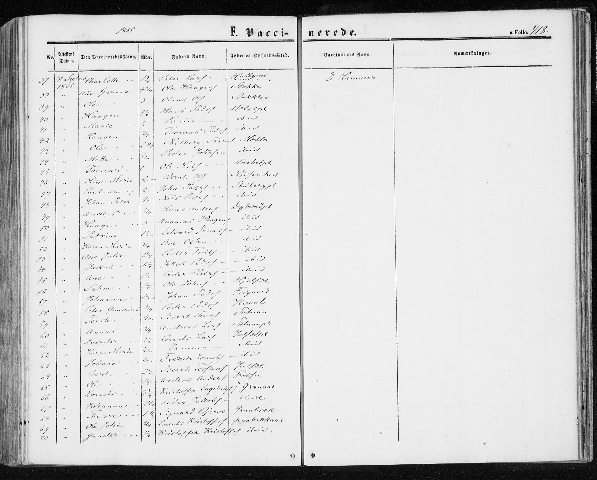 Ministerialprotokoller, klokkerbøker og fødselsregistre - Nord-Trøndelag, AV/SAT-A-1458/709/L0075: Parish register (official) no. 709A15, 1859-1870, p. 418