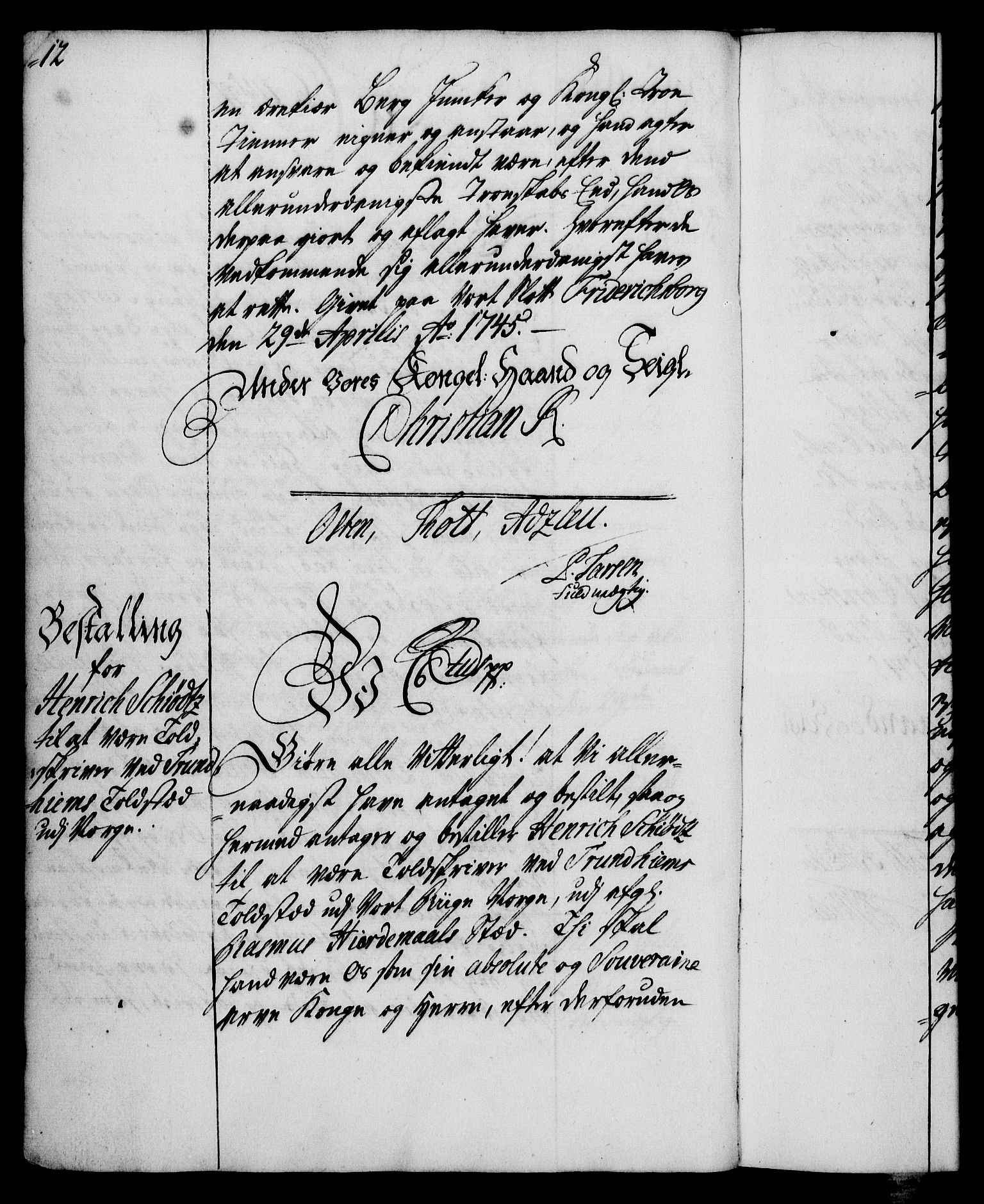 Rentekammeret, Kammerkanselliet, RA/EA-3111/G/Gg/Gge/L0003: Norsk bestallingsprotokoll med register (merket RK 53.27), 1745-1761, p. 12