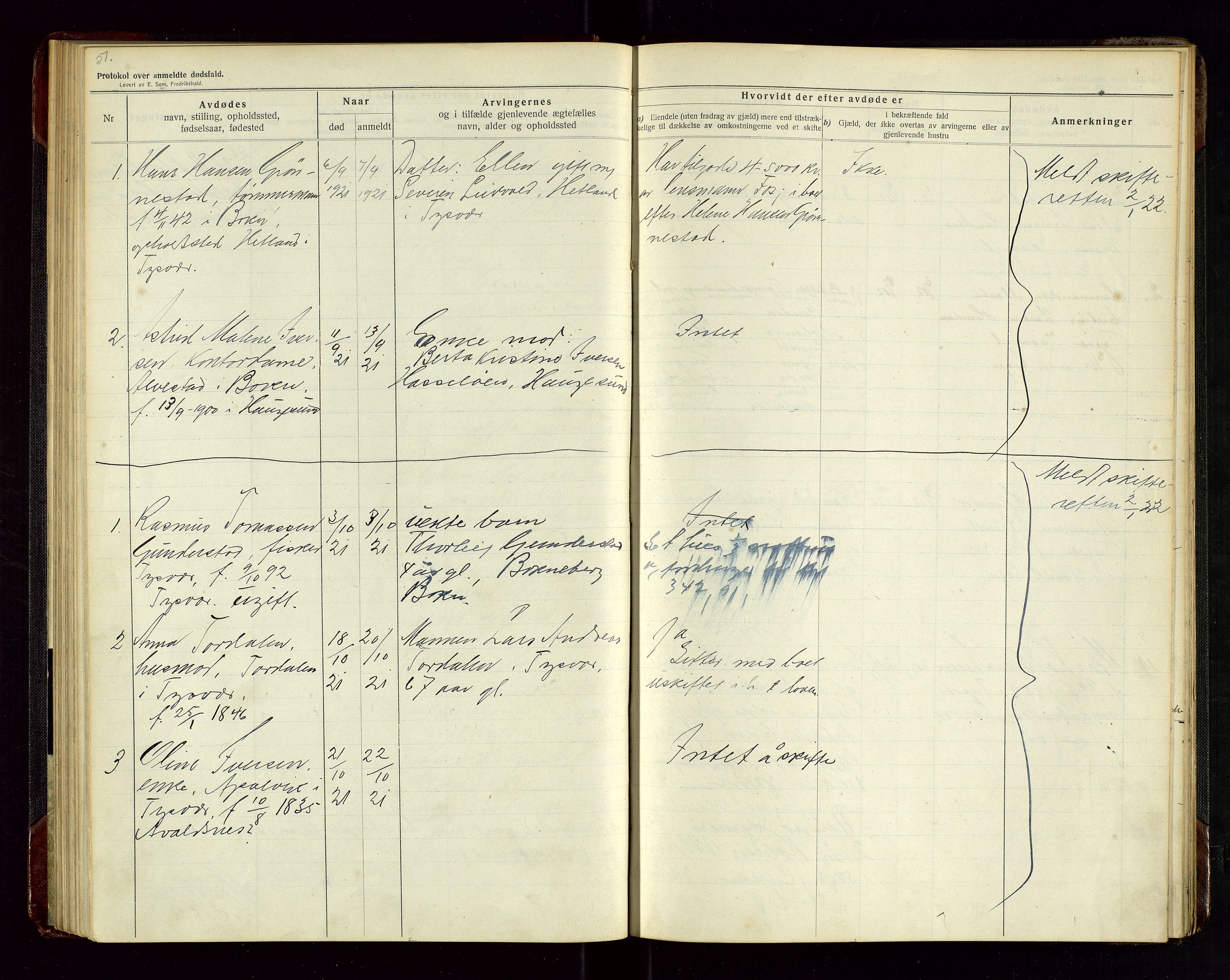 Tysvær lensmannskontor, AV/SAST-A-100192/Gga/L0003: "Protokol over anmeldte dødsfald i Tysvær" med register, 1916-1926, p. 51