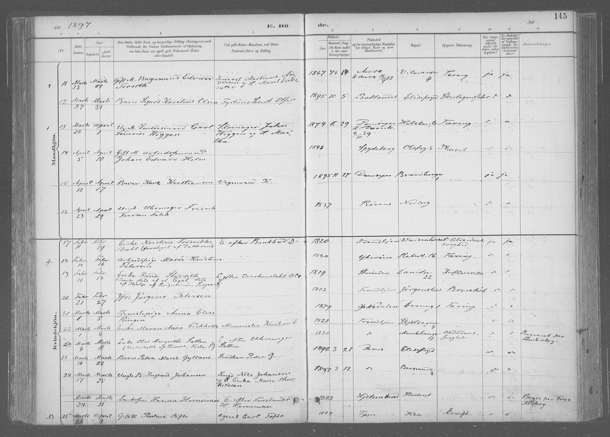 Ministerialprotokoller, klokkerbøker og fødselsregistre - Sør-Trøndelag, SAT/A-1456/601/L0064: Parish register (official) no. 601A31, 1891-1911, p. 145
