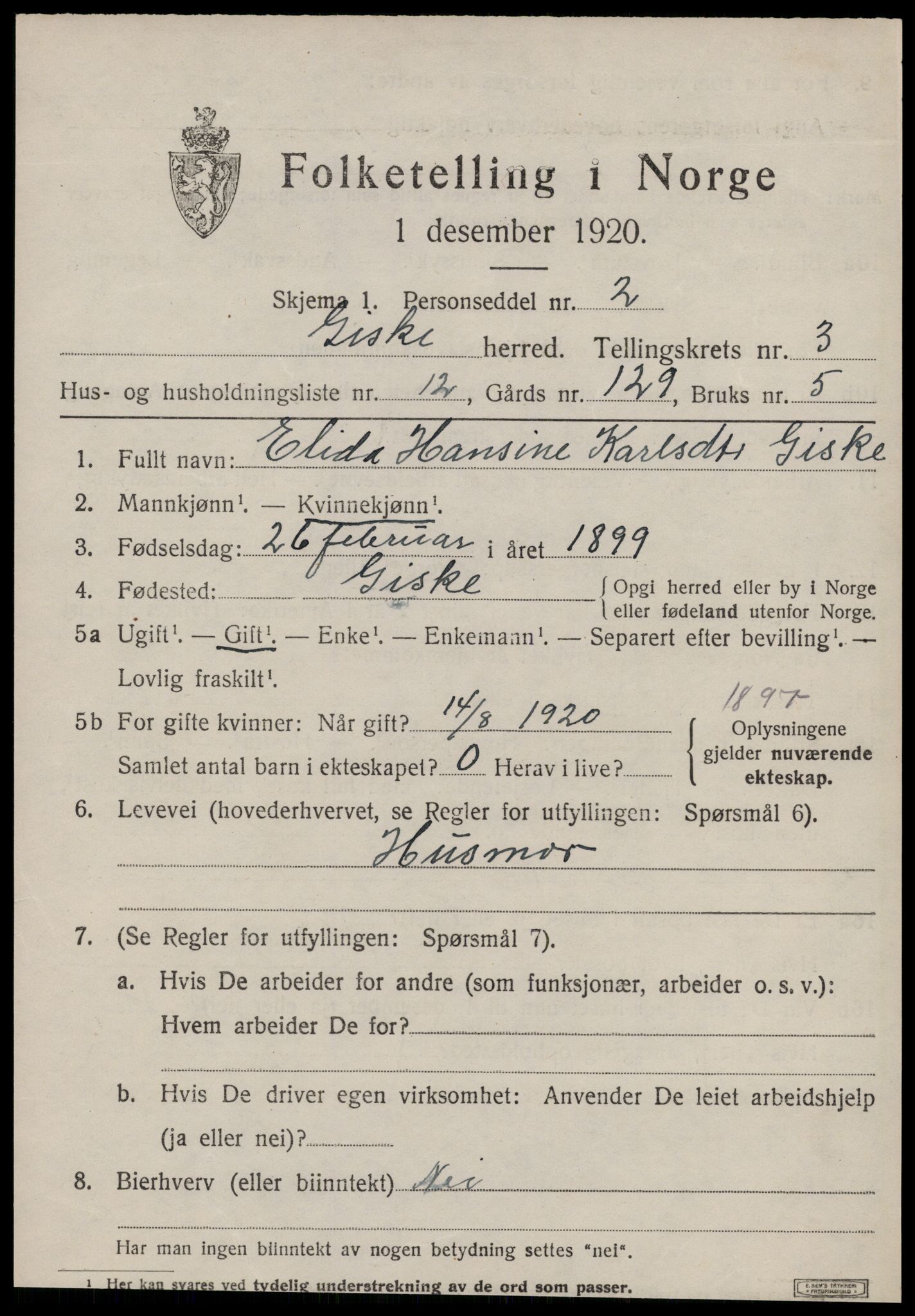 SAT, 1920 census for Giske, 1920, p. 1884