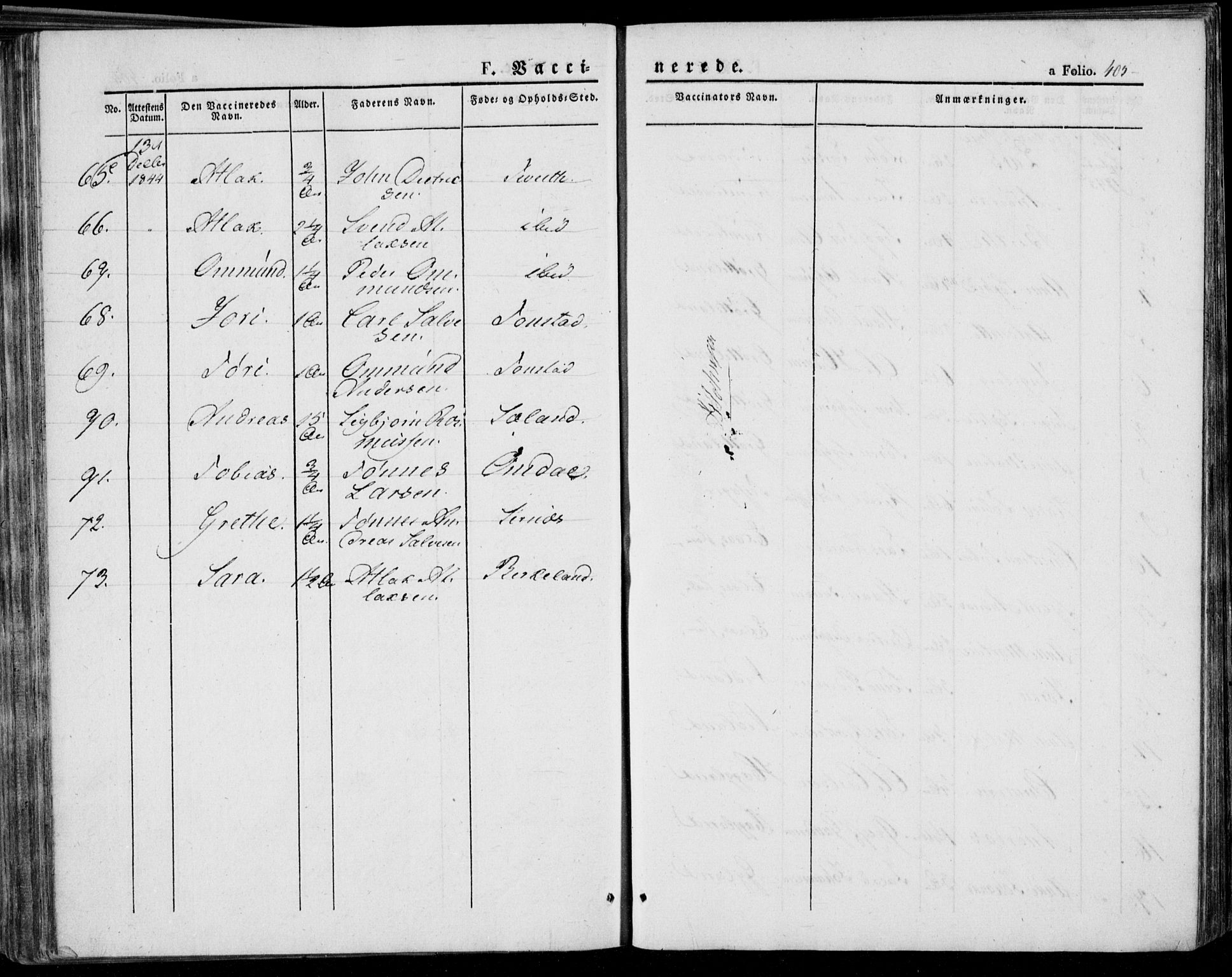 Bakke sokneprestkontor, AV/SAK-1111-0002/F/Fa/Faa/L0004: Parish register (official) no. A 4, 1834-1846, p. 405