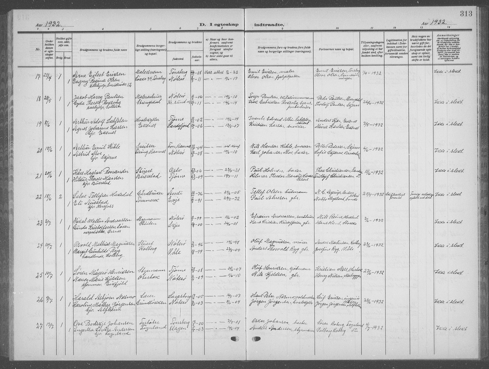 Nøtterøy kirkebøker, SAKO/A-354/G/Ga/L0006: Parish register (copy) no. I 6, 1925-1939, p. 313