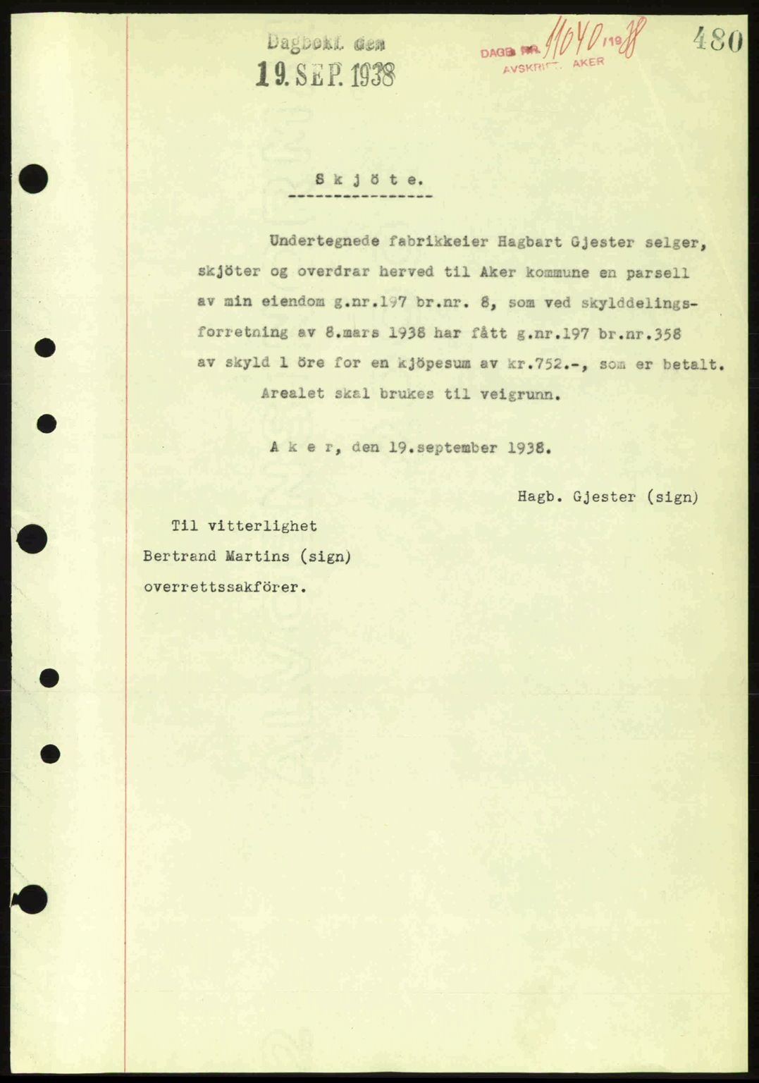 Aker herredsskriveri, SAO/A-10896/G/Gb/Gba/Gbab/L0025: Mortgage book no. A154-155, 1938-1938, Diary no: : 11040/1938