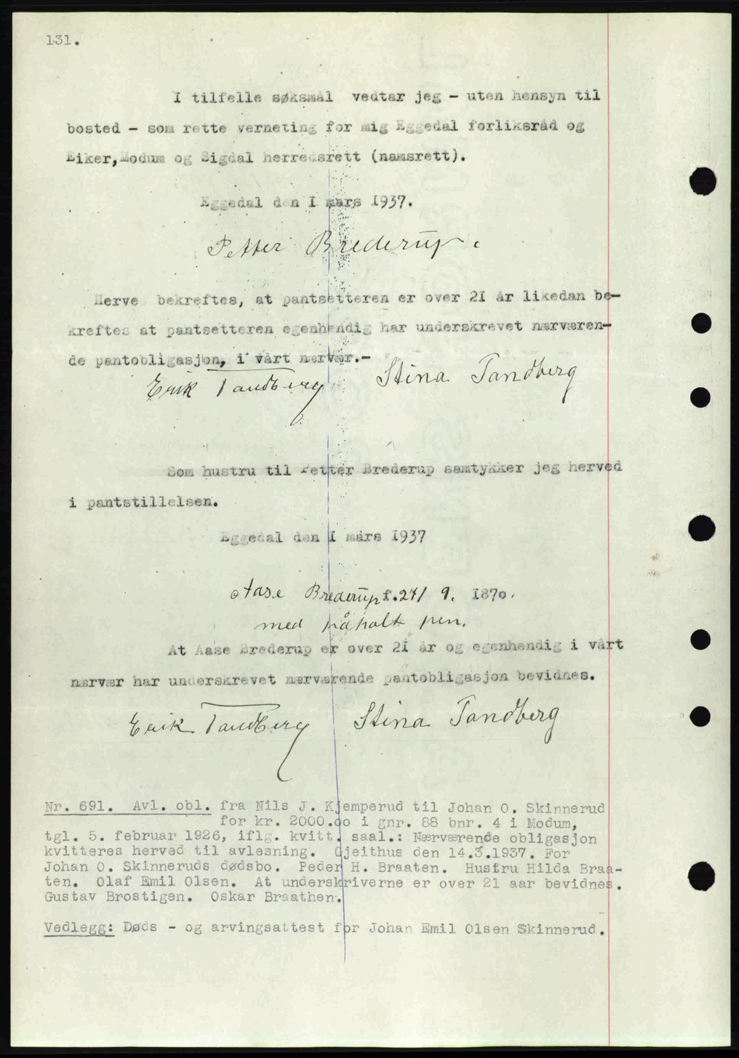 Eiker, Modum og Sigdal sorenskriveri, SAKO/A-123/G/Ga/Gab/L0035: Mortgage book no. A5, 1937-1937, Diary no: : 691/1937