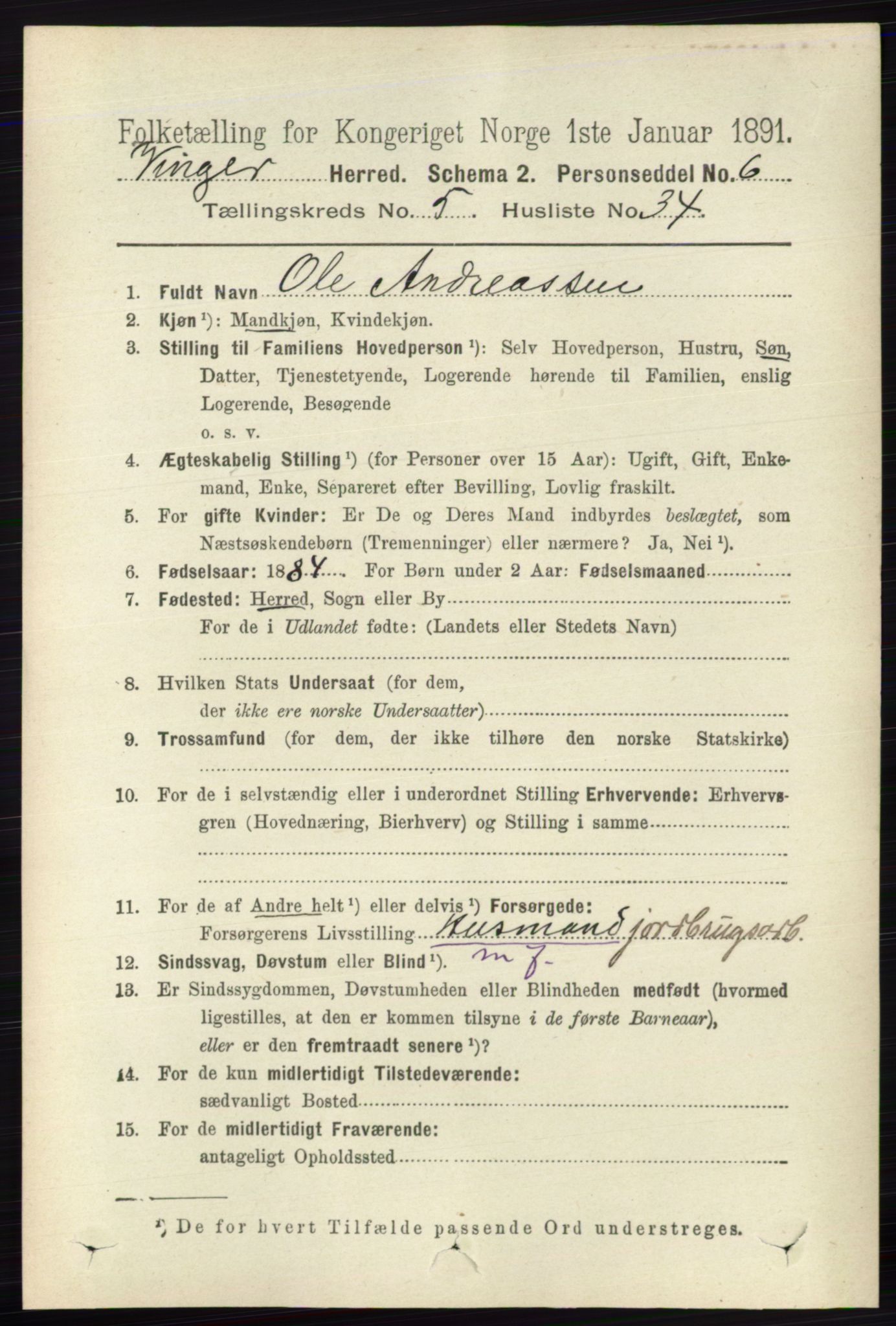 RA, 1891 census for 0421 Vinger, 1891, p. 2240