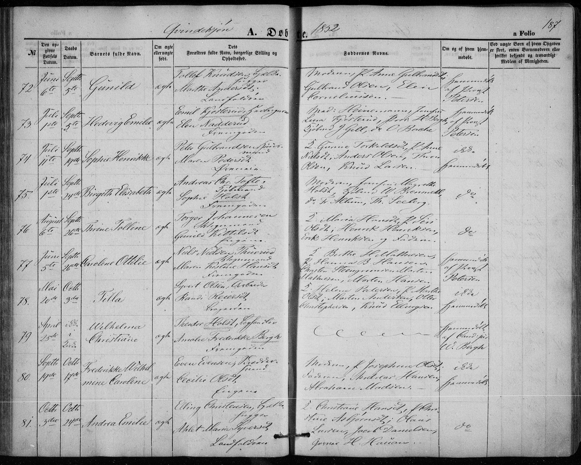 Bragernes kirkebøker, AV/SAKO-A-6/F/Fb/L0002: Parish register (official) no. II 2, 1848-1859, p. 187