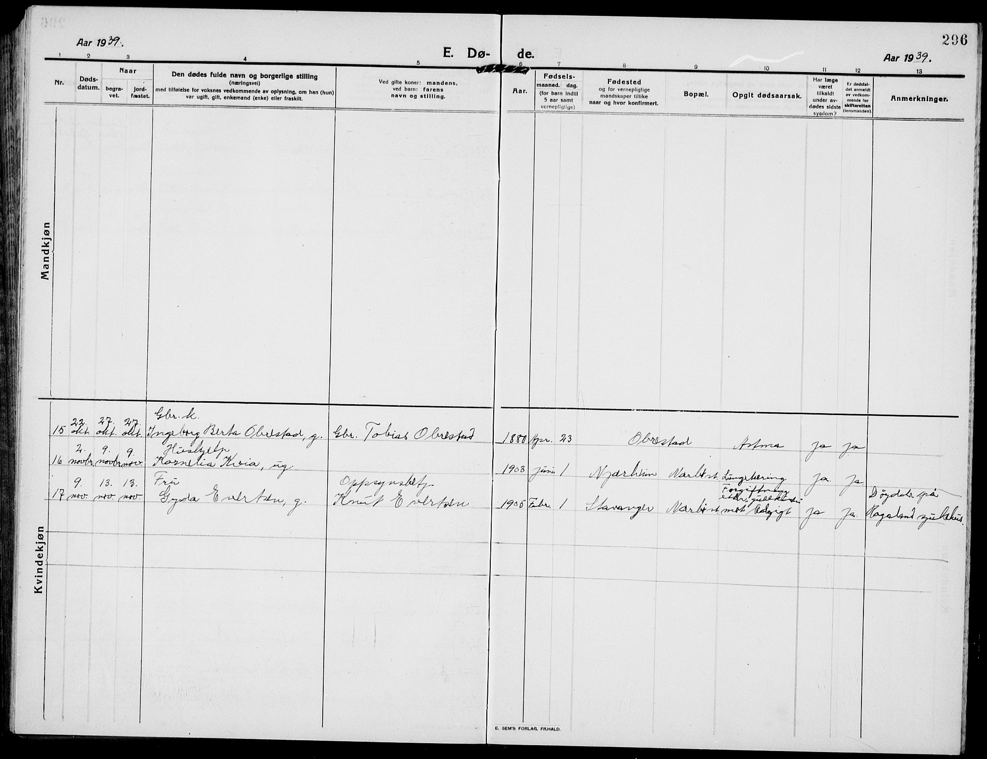 Hå sokneprestkontor, AV/SAST-A-101801/001/30BB/L0007: Parish register (copy) no. B 7, 1912-1939, p. 296