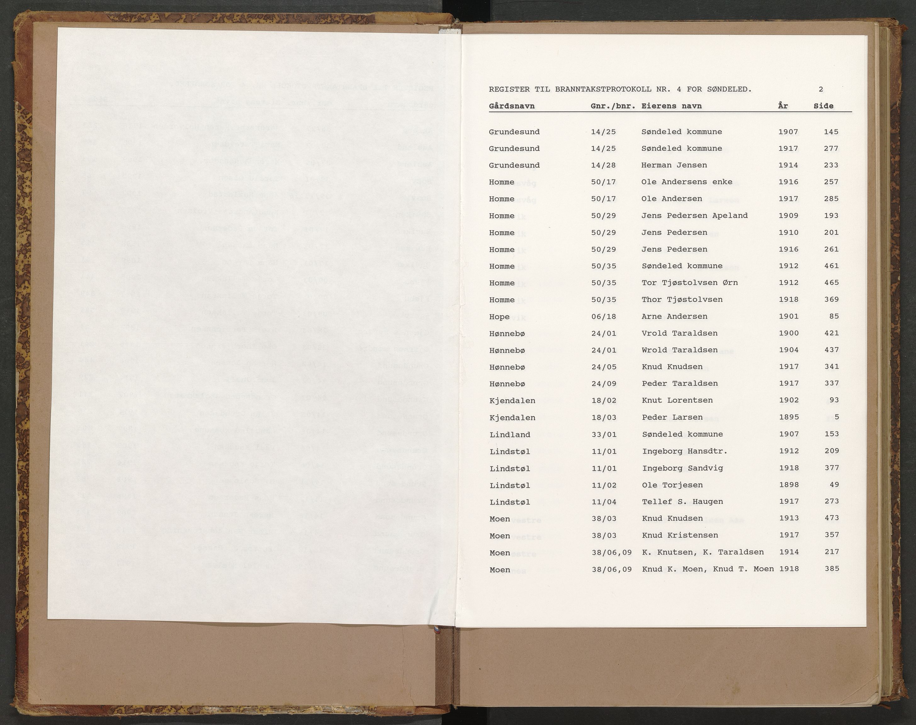Norges Brannkasse Søndeled, AV/SAK-2241-0047/F/Fa/L0004: Branntakstprotokoll nr 4 med gårdsnavnregister, 1895-1914