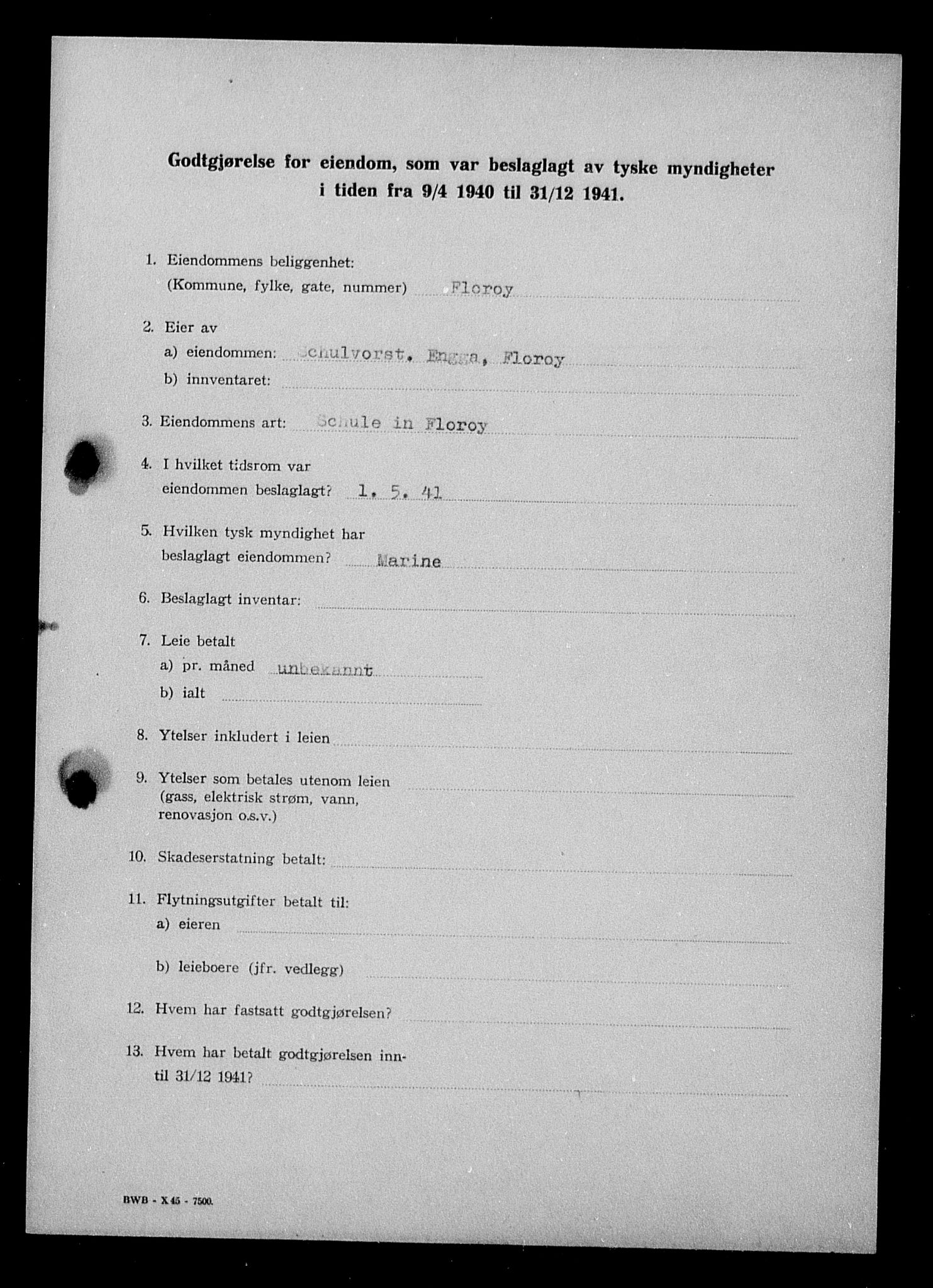 Justisdepartementet, Tilbakeføringskontoret for inndratte formuer, AV/RA-S-1564/I/L1017: Godtgjørelse for beslaglagt eiendom, 1940-1941, p. 28