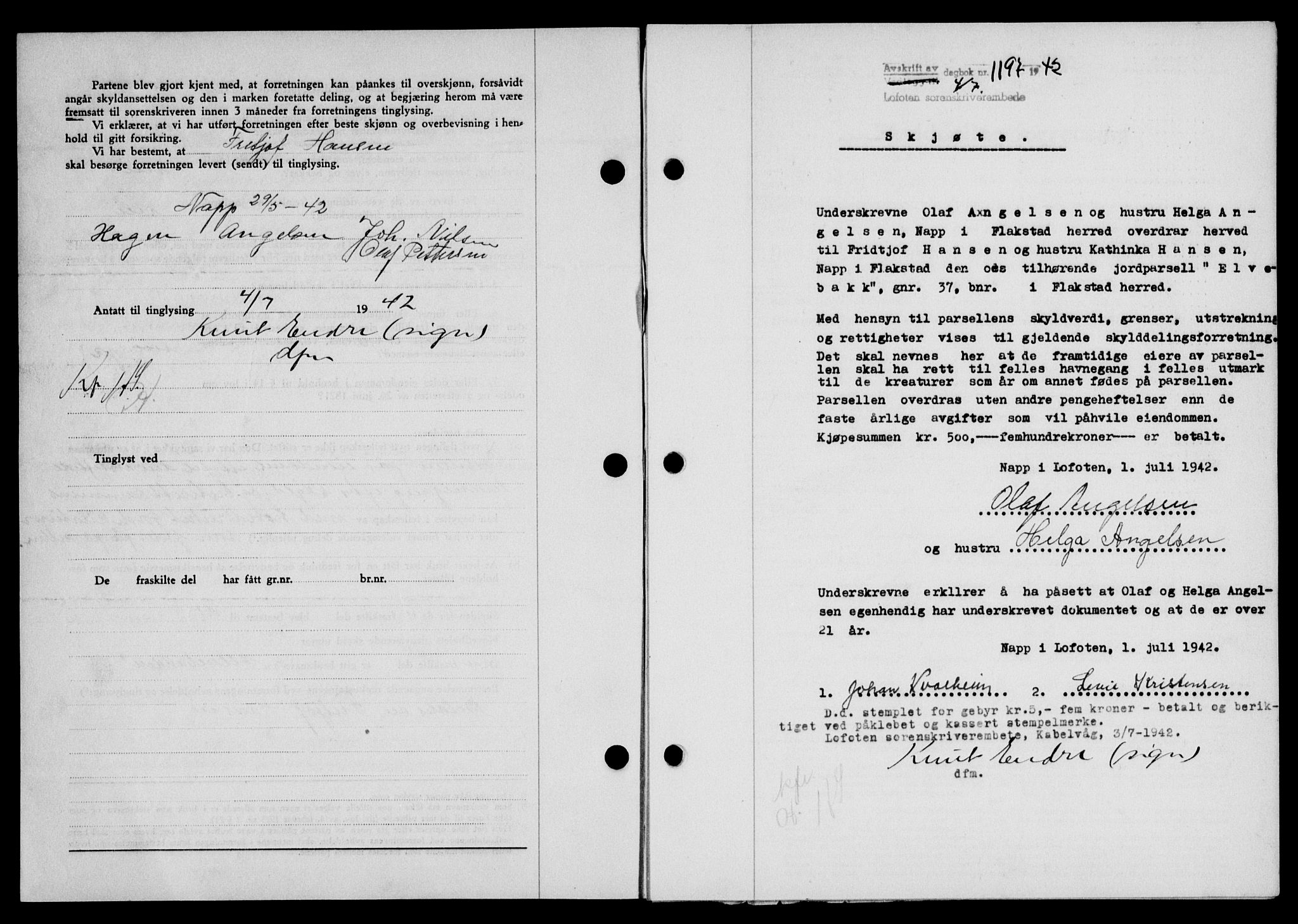 Lofoten sorenskriveri, SAT/A-0017/1/2/2C/L0010a: Mortgage book no. 10a, 1942-1943, Diary no: : 1197/1942