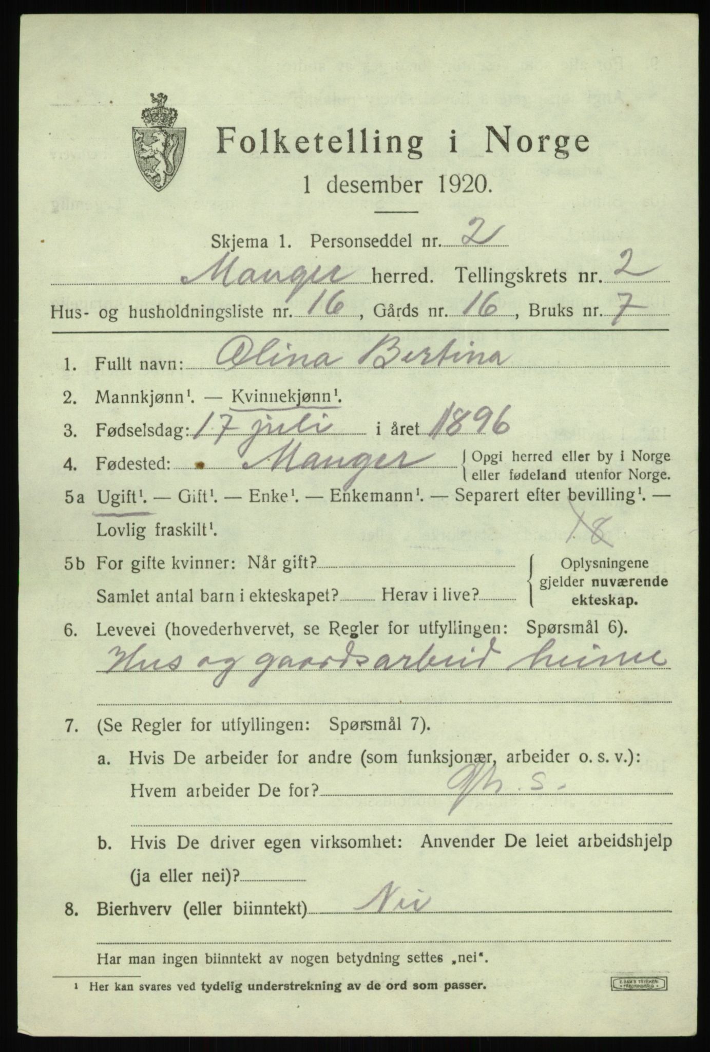 SAB, 1920 census for Manger, 1920, p. 2169