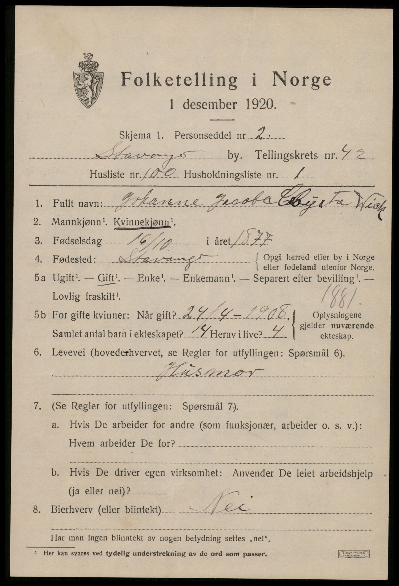 SAST, 1920 census for Stavanger, 1920, p. 106798