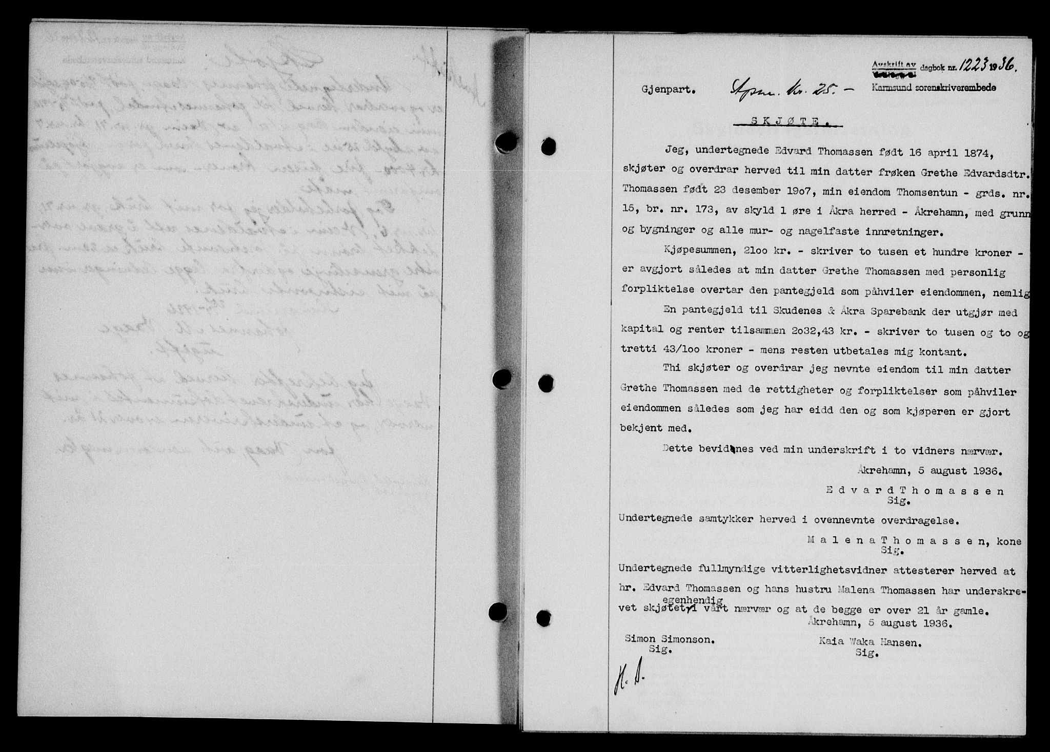Karmsund sorenskriveri, SAST/A-100311/01/II/IIB/L0066: Mortgage book no. 47A, 1936-1936, Diary no: : 1223/1936