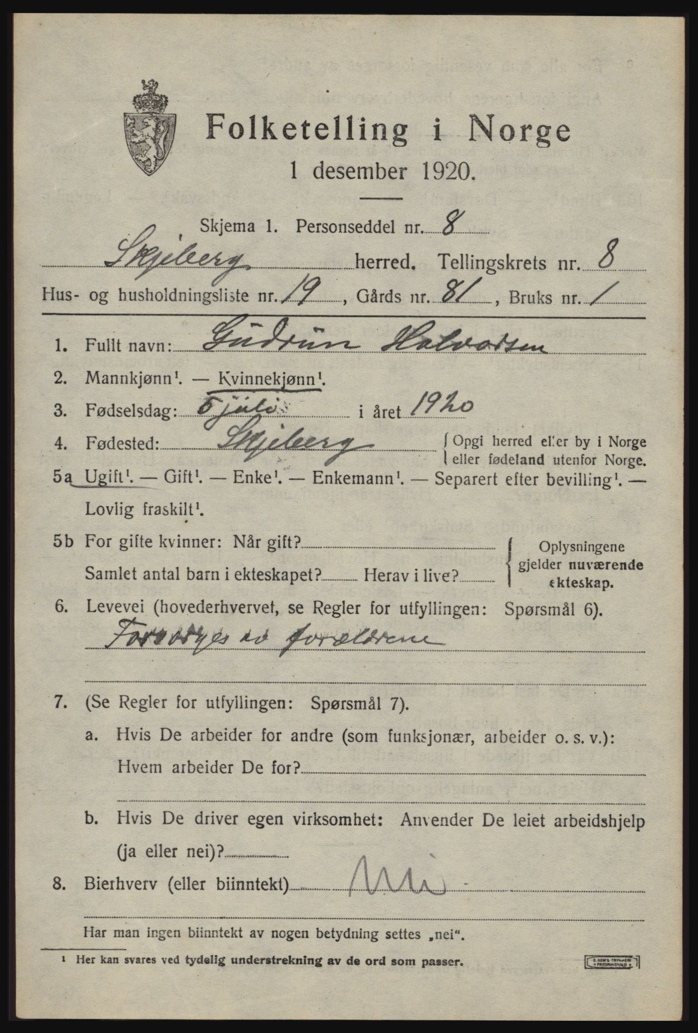 SAO, 1920 census for Skjeberg, 1920, p. 8111