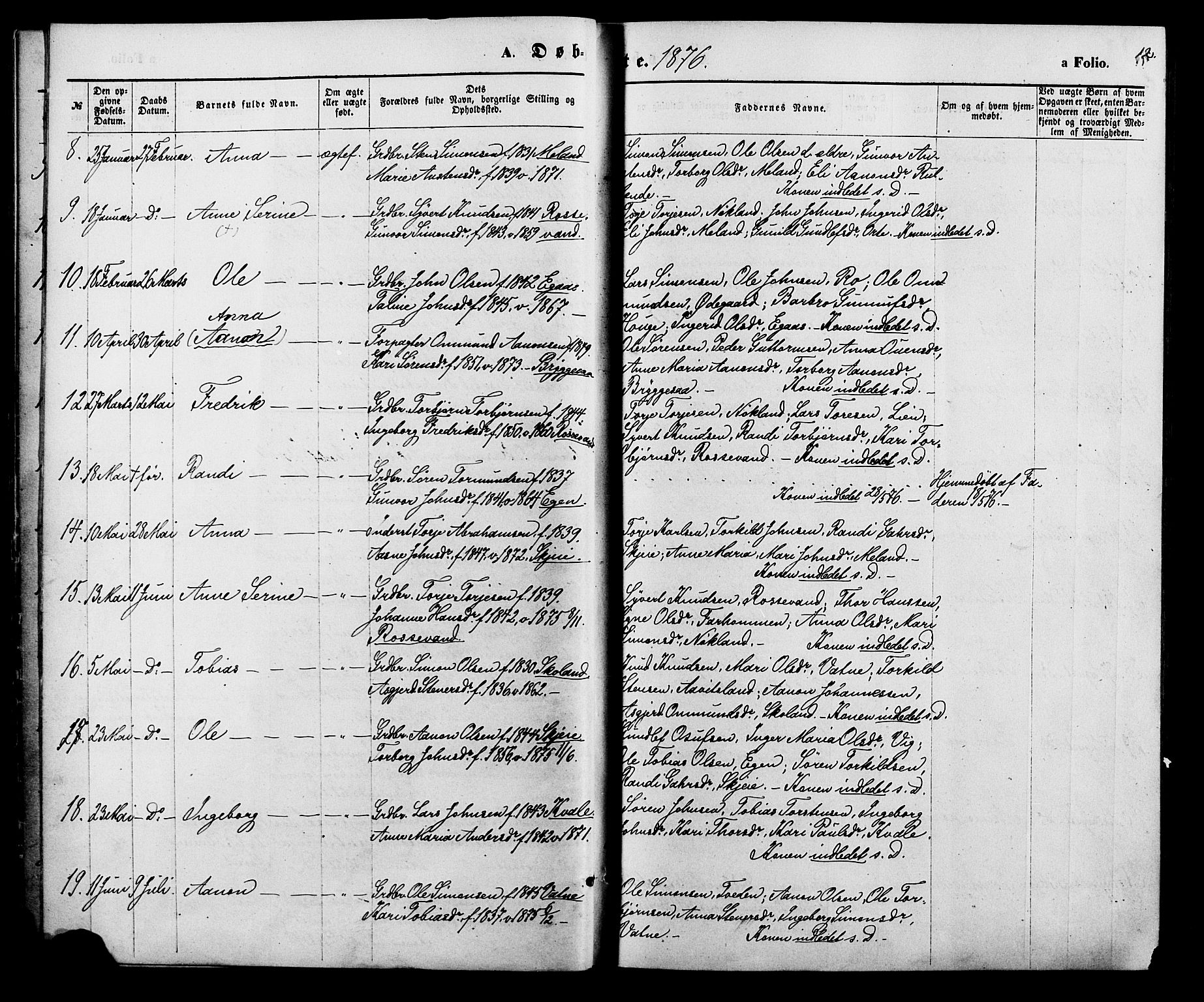 Hægebostad sokneprestkontor, SAK/1111-0024/F/Fa/Fab/L0003: Parish register (official) no. A 3, 1872-1886, p. 12