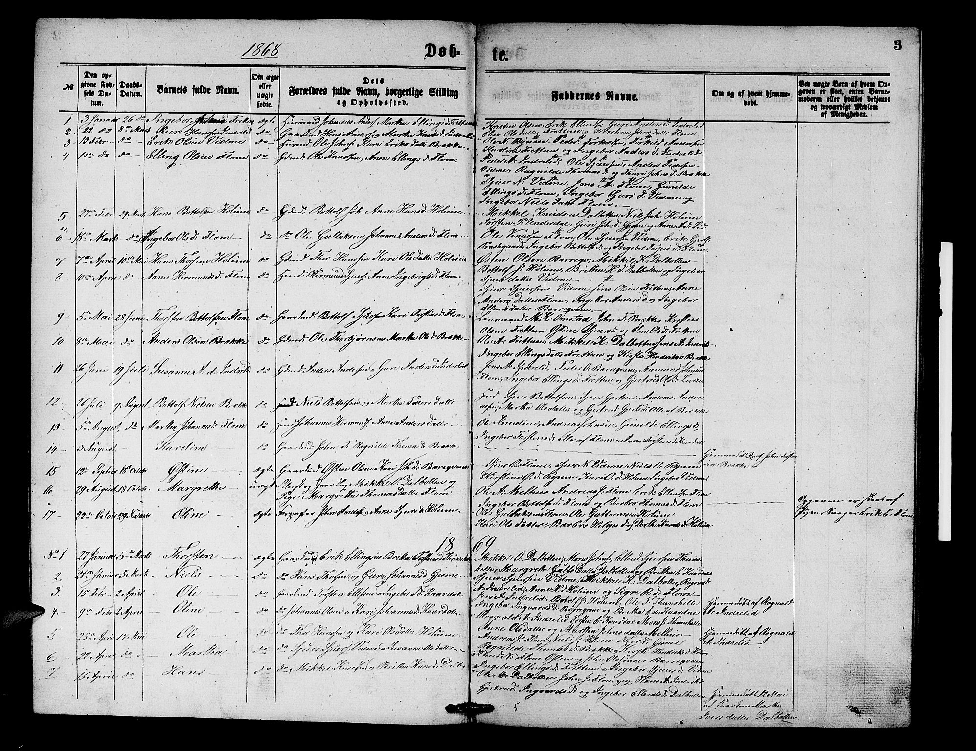 Aurland sokneprestembete, SAB/A-99937/H/Hb/Hbb/L0001: Parish register (copy) no. B 1, 1868-1887, p. 3