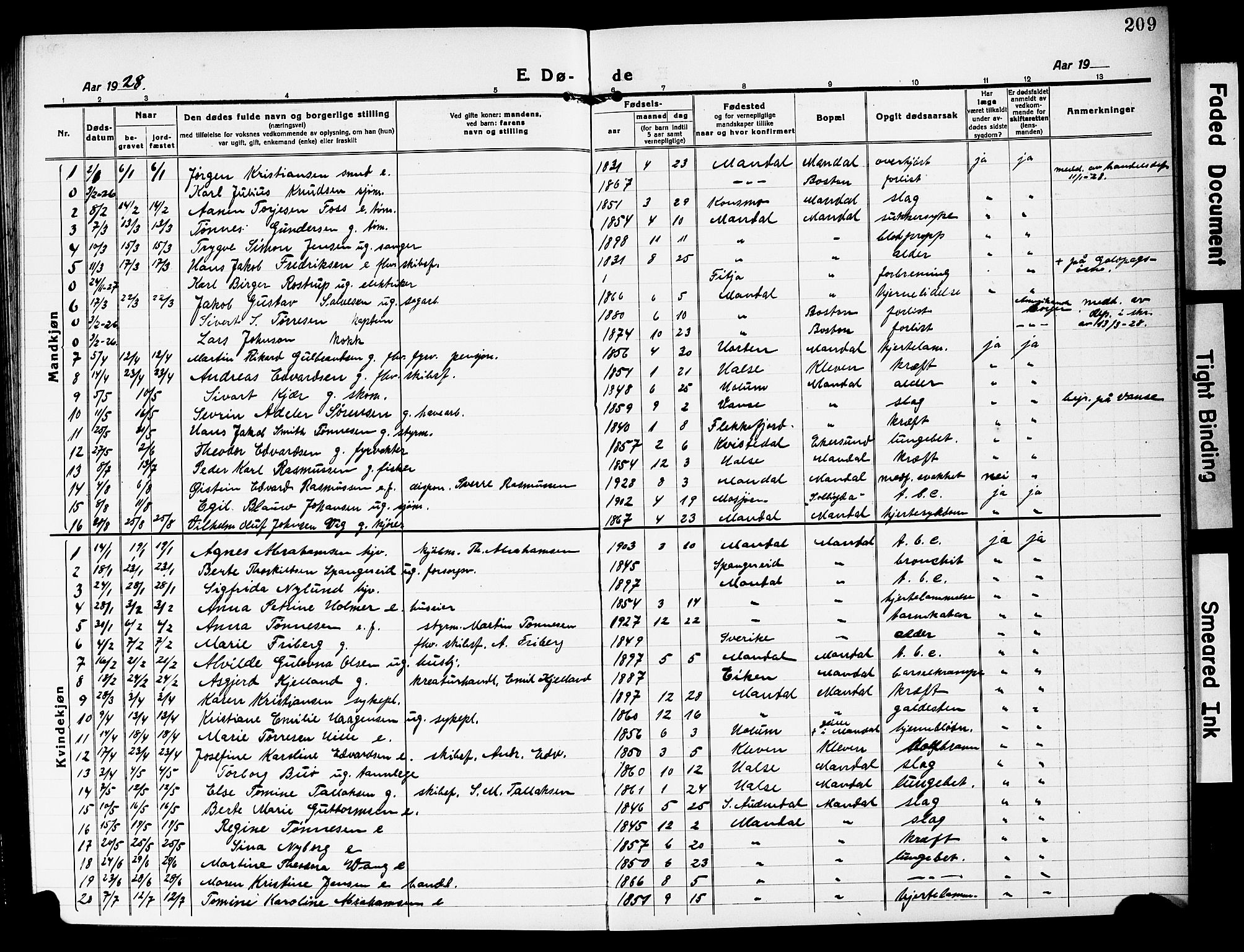 Mandal sokneprestkontor, SAK/1111-0030/F/Fb/Fbc/L0001: Parish register (copy) no. B 1, 1918-1931, p. 209
