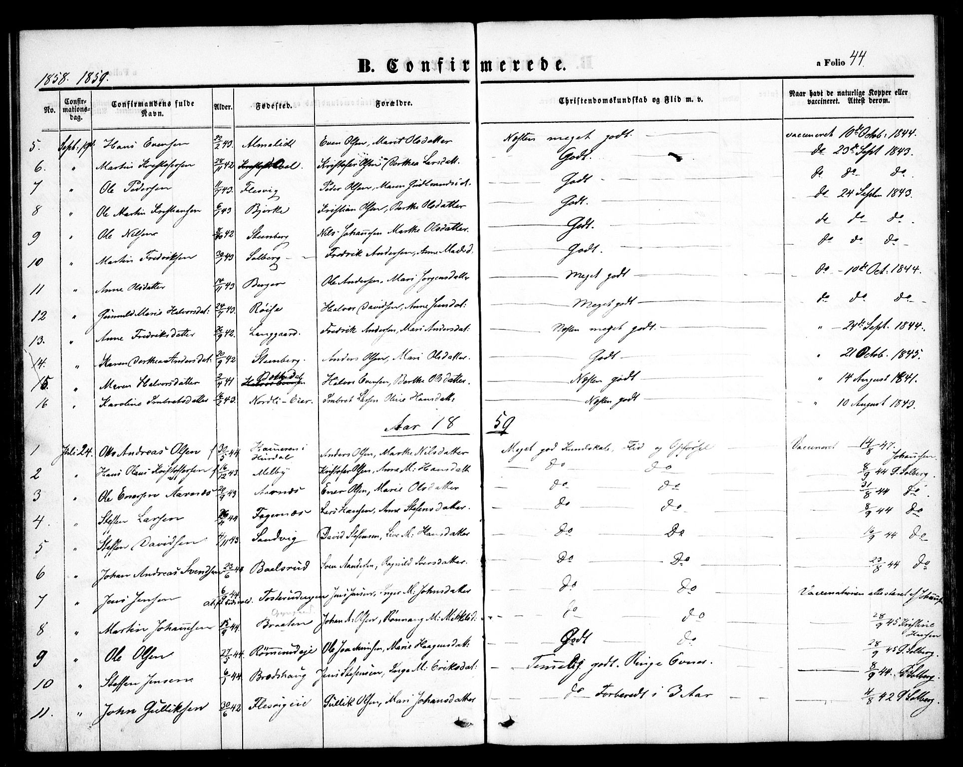 Hurdal prestekontor Kirkebøker, SAO/A-10889/F/Fb/L0001: Parish register (official) no. II 1, 1846-1859, p. 44