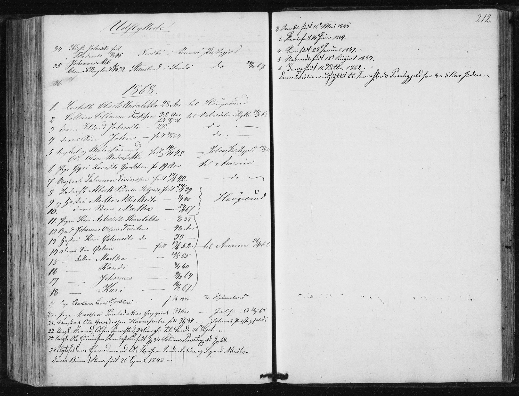 Suldal sokneprestkontor, AV/SAST-A-101845/01/IV/L0009: Parish register (official) no. A 9, 1854-1868, p. 212